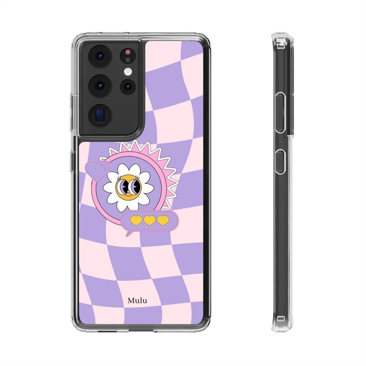 Clear Impact-Resistant Case — Cute Purple Checkerboard Dino with 'Mulu'