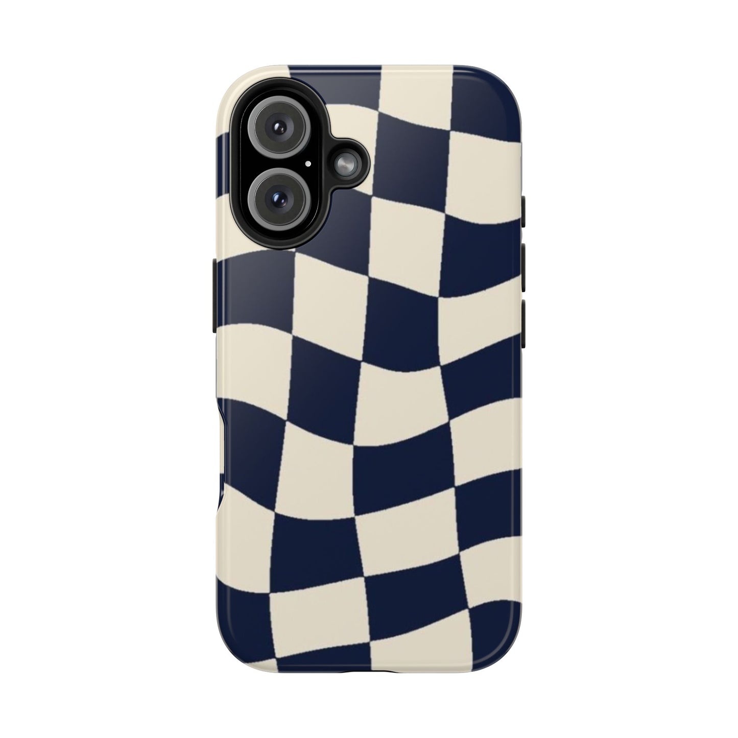 Wavy Checkerboard Tough Phone Case — Navy & Cream Protective Cover