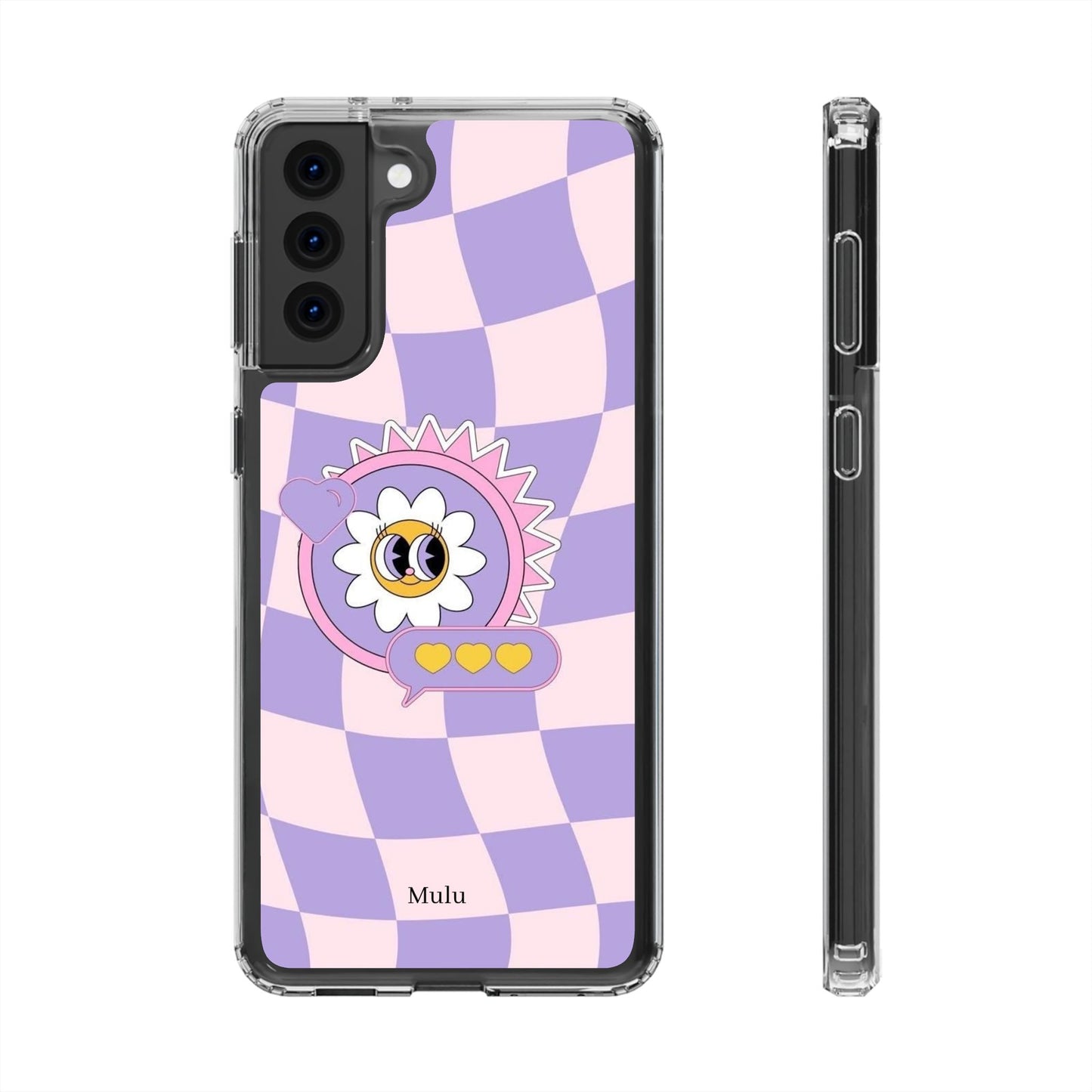 Clear Impact-Resistant Case — Cute Purple Checkerboard Dino with 'Mulu'