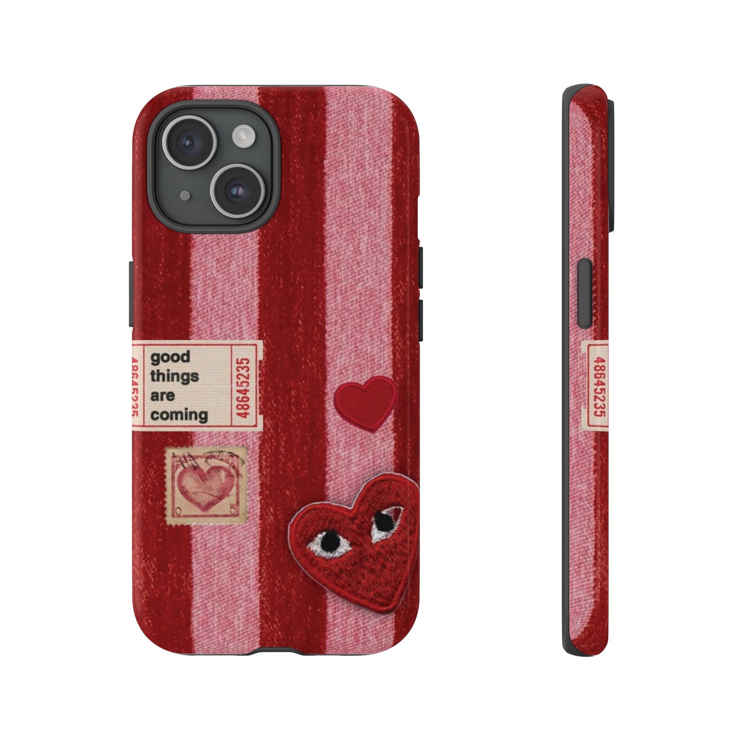 Phone Case — Red Striped Heart Design with “Good Things Are Coming”