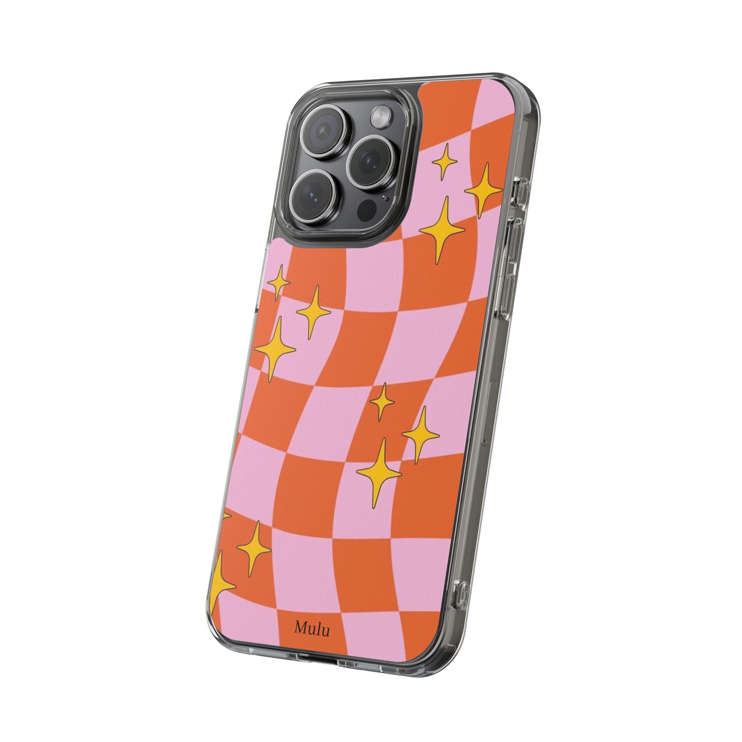 Clear Impact-Resistant Case — Retro Pink & Orange Checker with Sparkle Stars