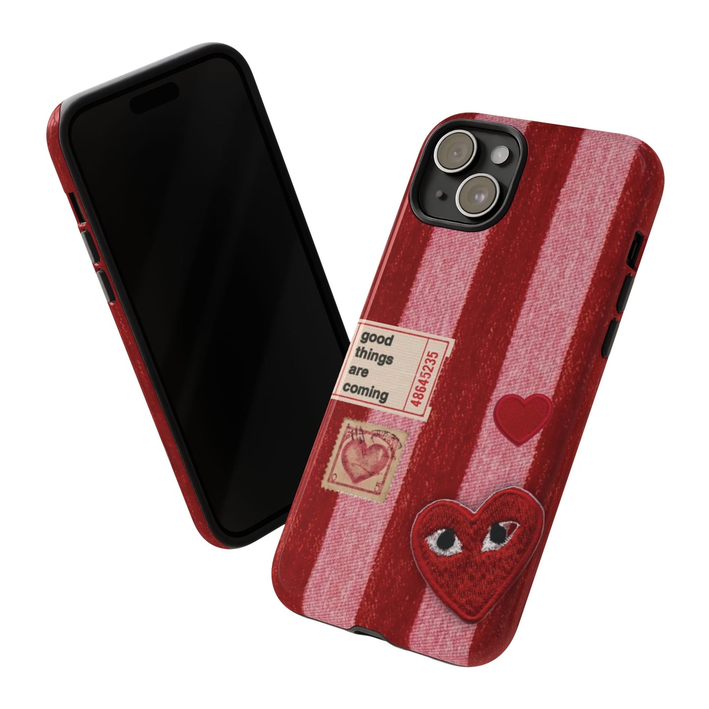 Phone Case — Red Striped Heart Design with “Good Things Are Coming”