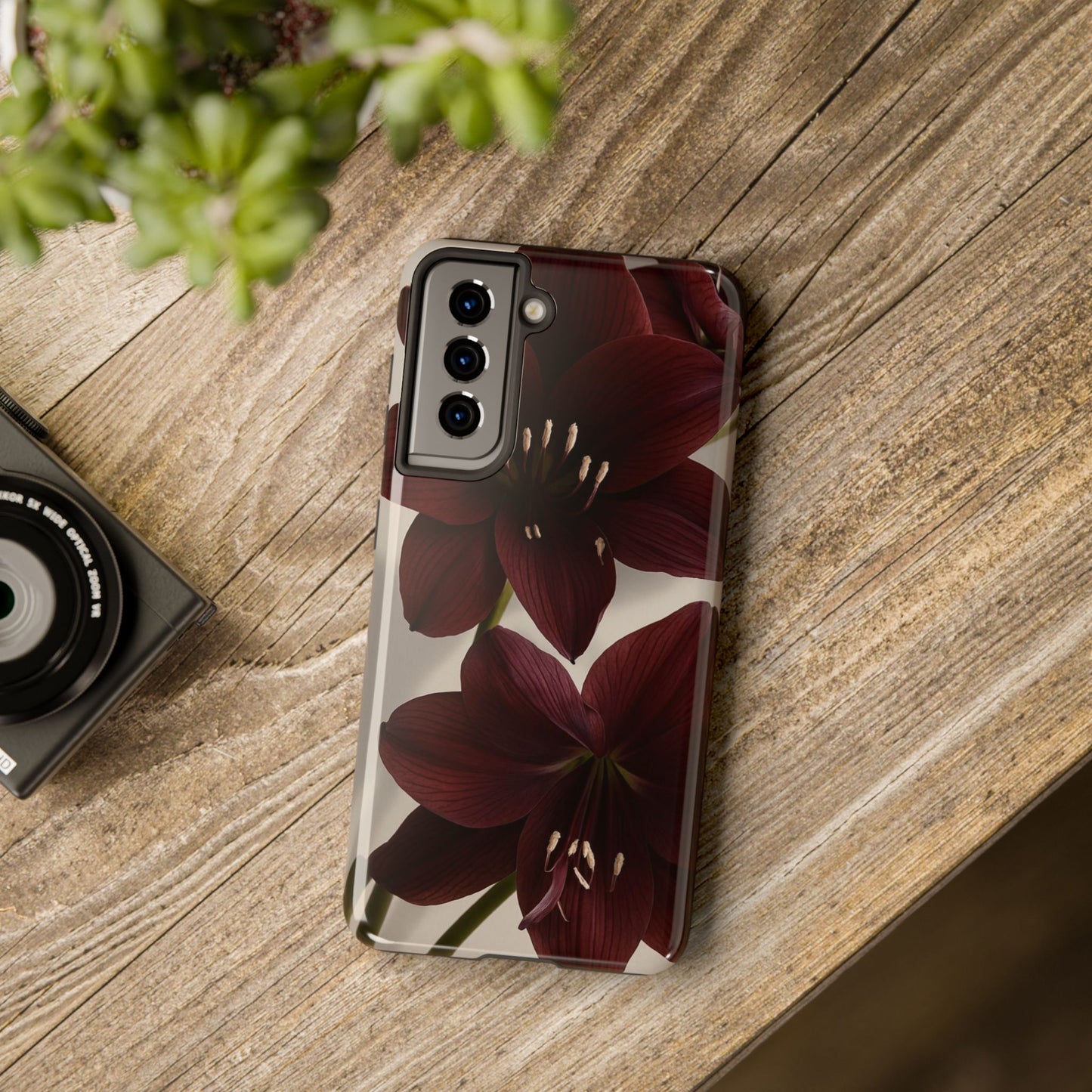 Amaryllis Noir Tough Phone Case — Dark Burgundy Floral Protective Cover