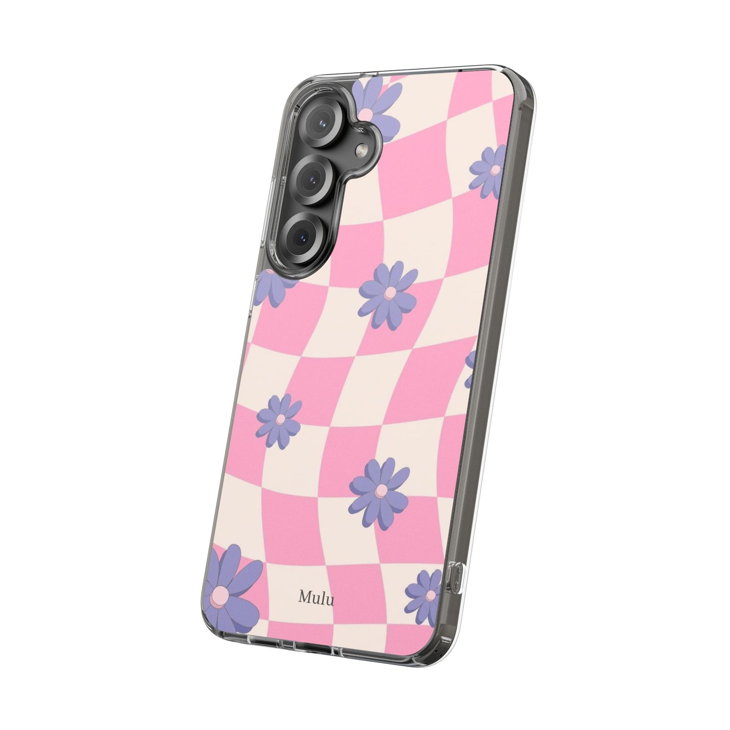 Clear Impact Phone Case — Pink Checkerboard with Purple Flowers
