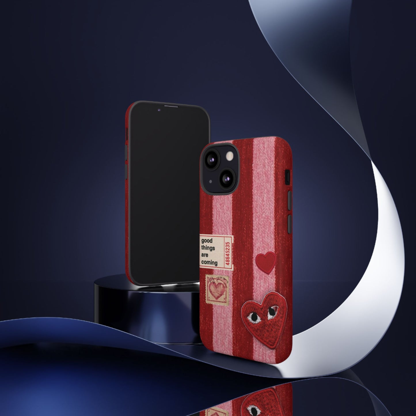 Phone Case — Red Striped Heart Design with “Good Things Are Coming”