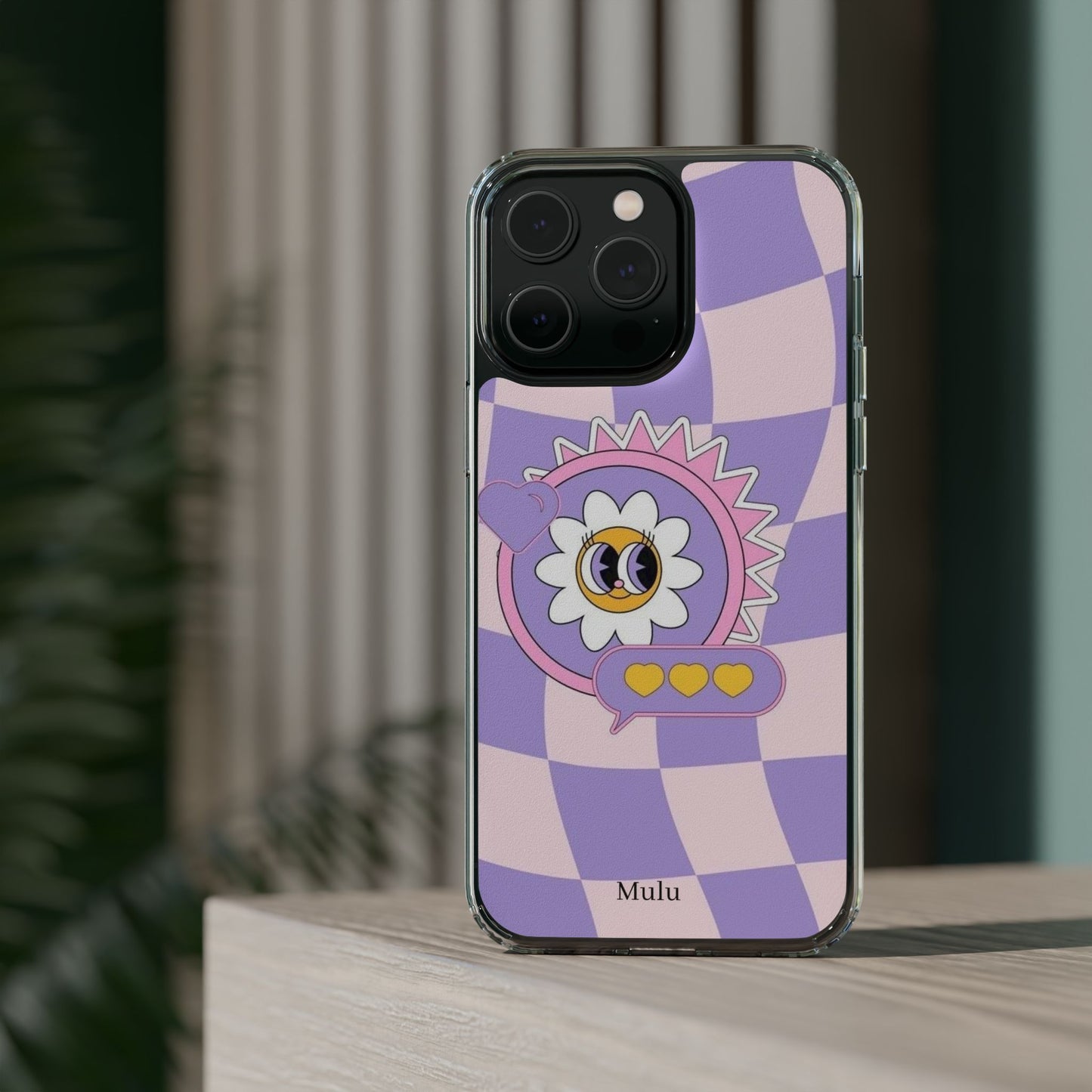 Clear Impact-Resistant Case — Cute Purple Checkerboard Dino with 'Mulu'
