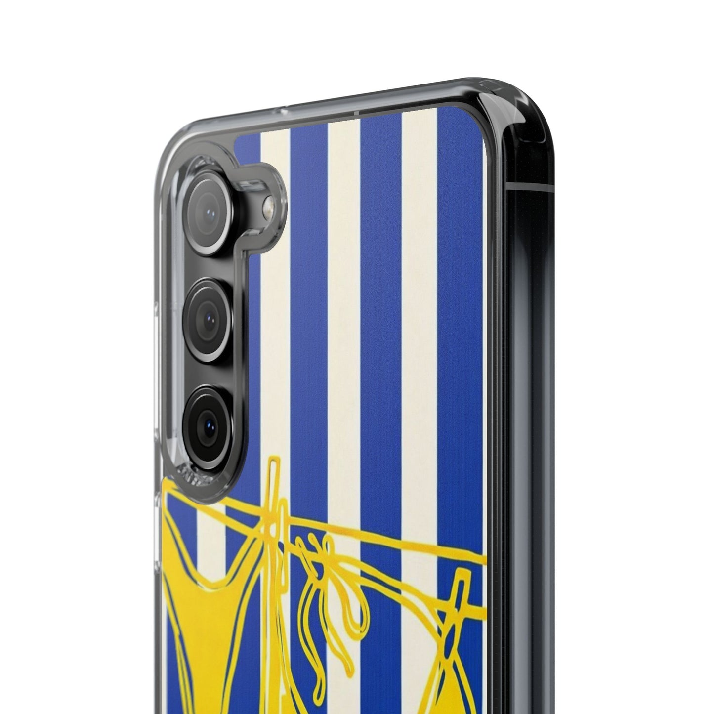 Striped Beach Bikini Phone Case — Yellow Swimwear on Blue & White Stripes, Clear Impact-Resistant