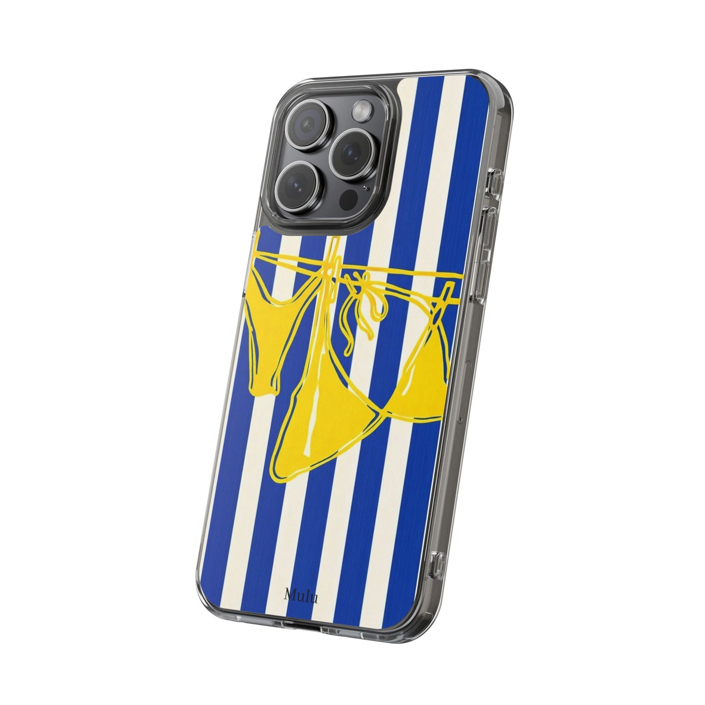 Striped Beach Bikini Phone Case — Yellow Swimwear on Blue & White Stripes, Clear Impact-Resistant
