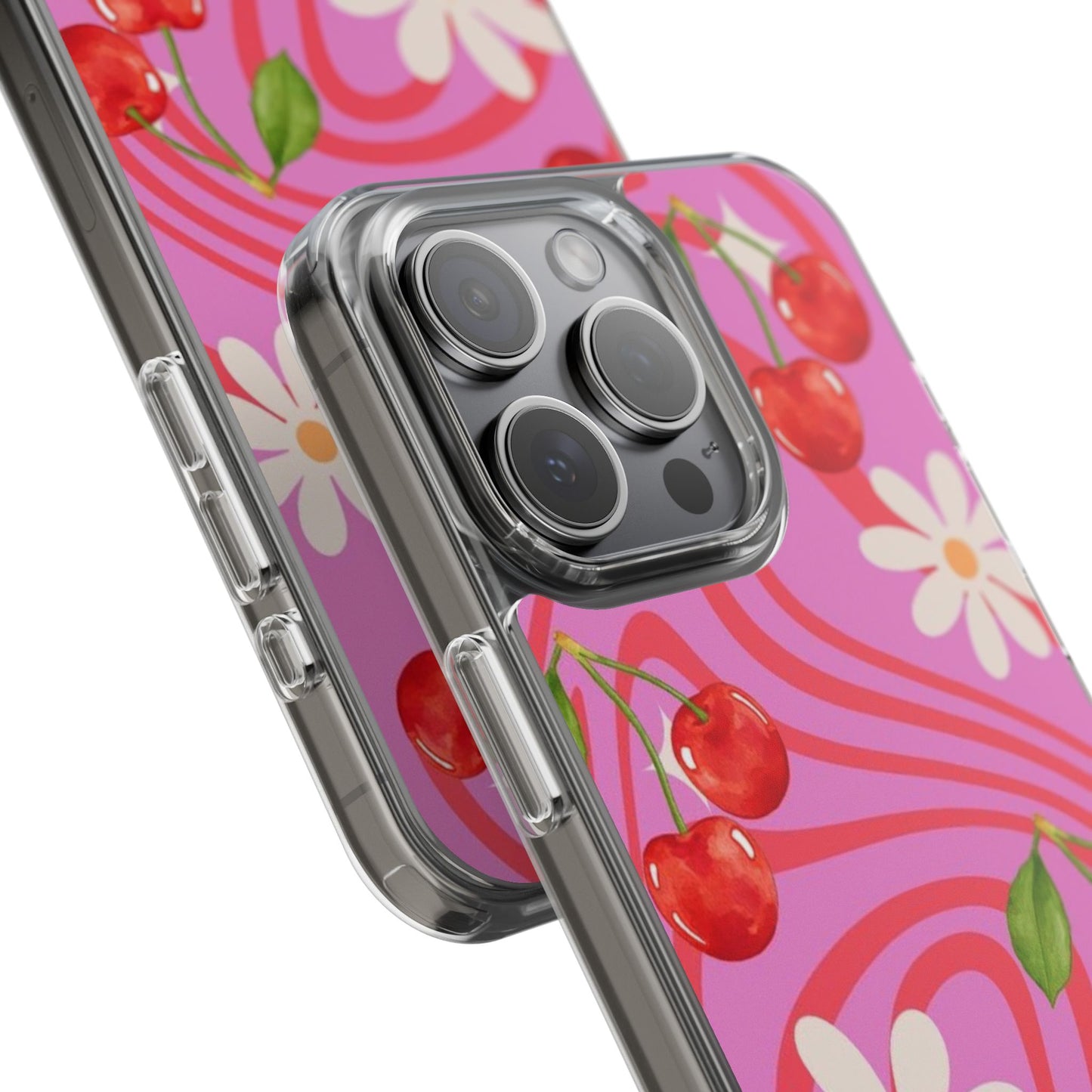 Clear Impact Phone Case — Retro Cherry & Daisy Floral Design