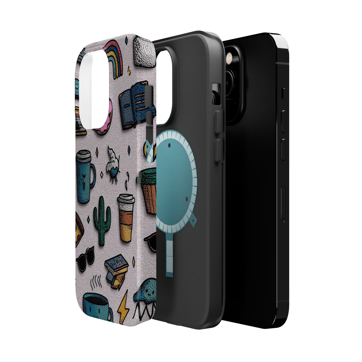 Cute Doodle Phone Case — Magnetic Impact-Resistant Design (coffee, rainbow, cactus)
