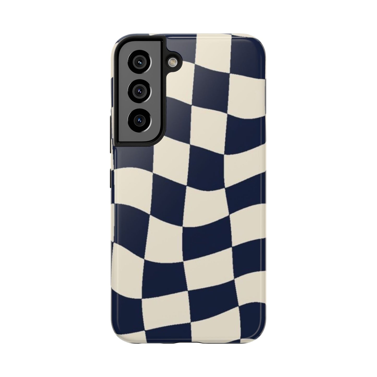 Wavy Checkerboard Tough Phone Case — Navy & Cream Protective Cover