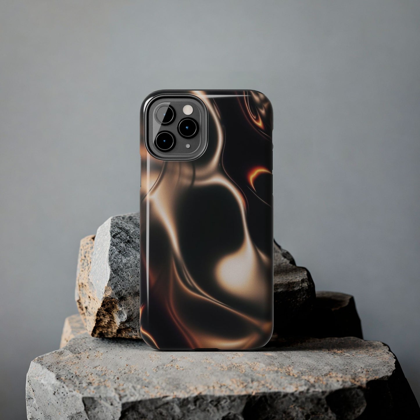 Abstract Liquid Glow Tough Phone Case — Black & Bronze Swirl Protective Cover