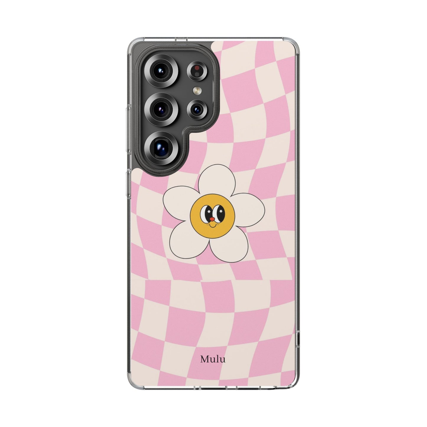 Clear Impact-Resistant Phone Case — Pink Checkerboard Daisy Design