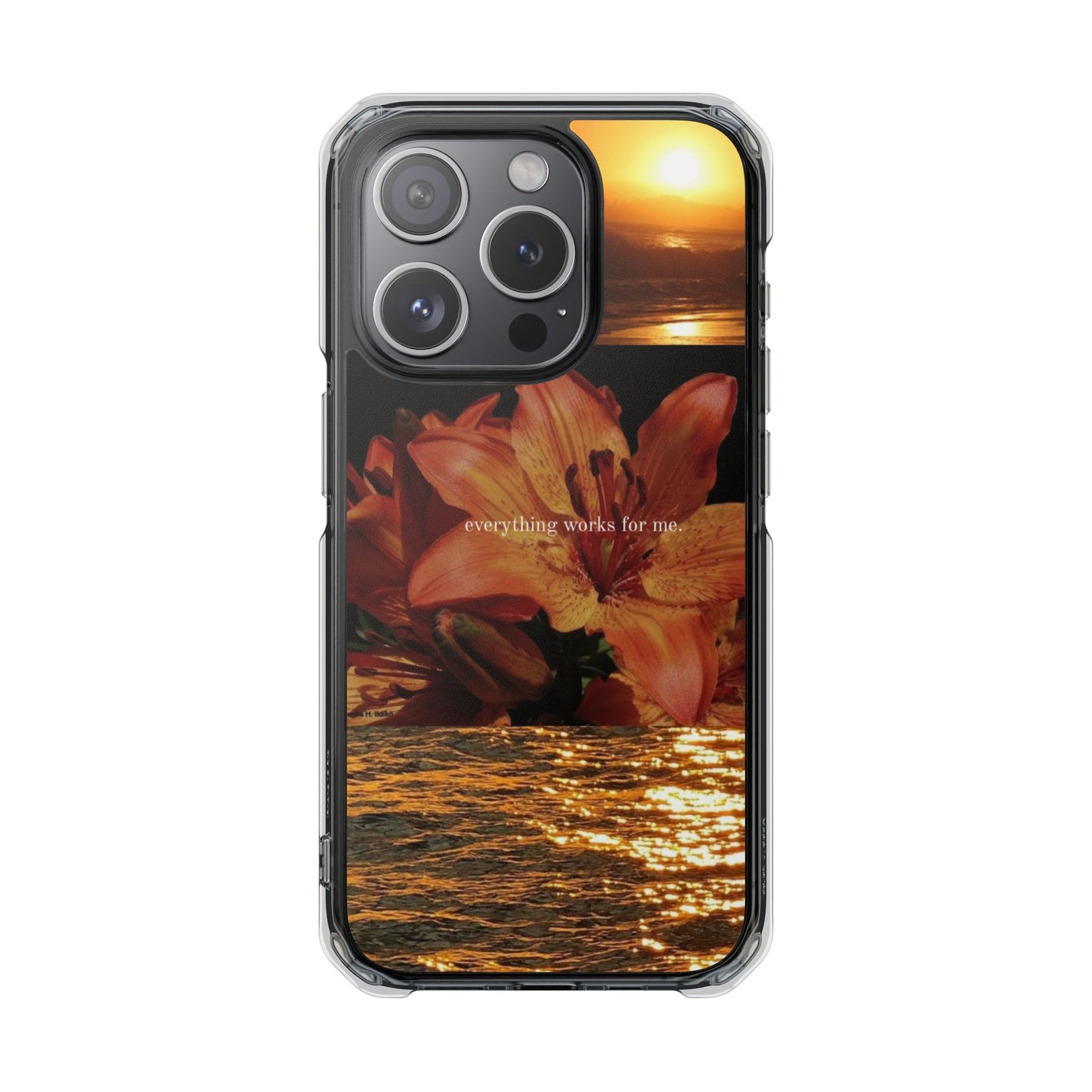 Clear Magnetic Phone Case — Sunset Lily Design ("anything waits for you")