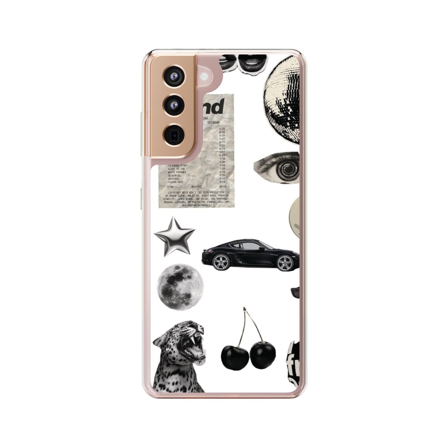 Clear Phone Case — Vintage Collage Stickers (Moon, Eye, Car, Cherries)