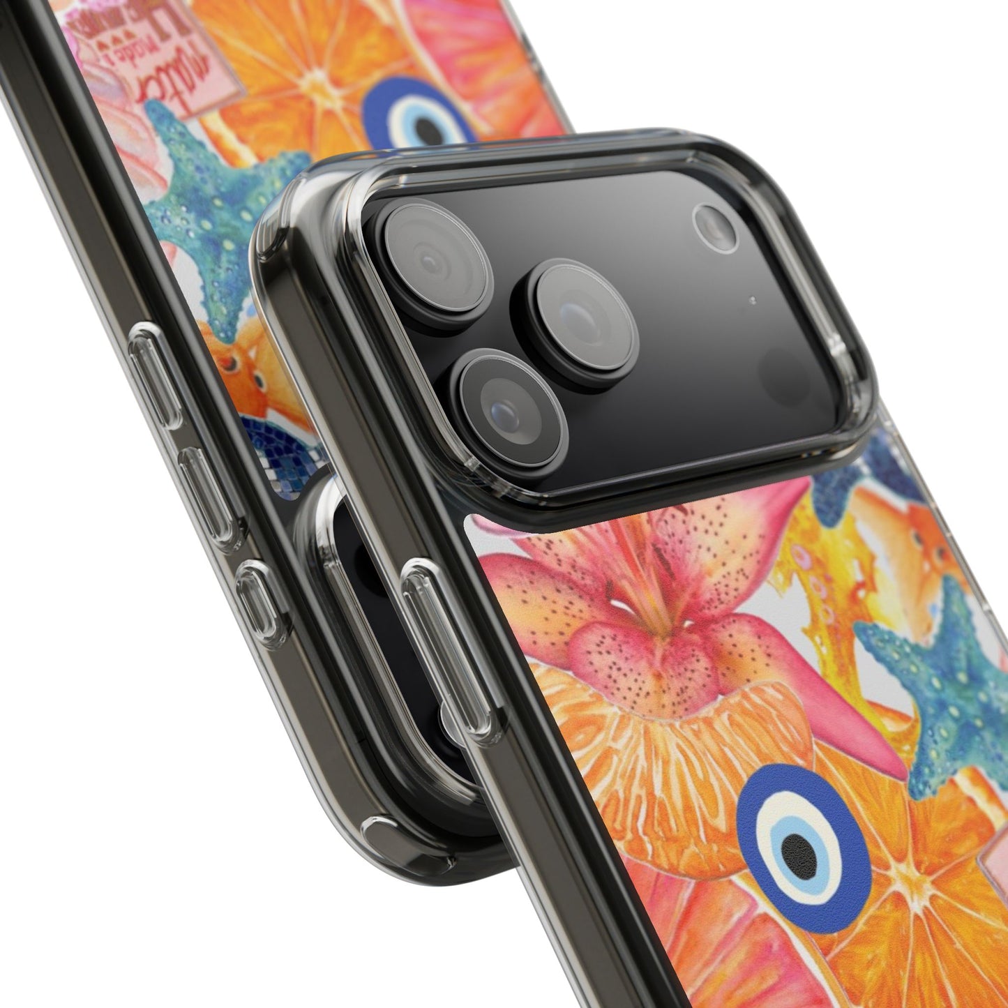 Clear Impact-Resistant Phone Case — Colorful Tropical Collage Design