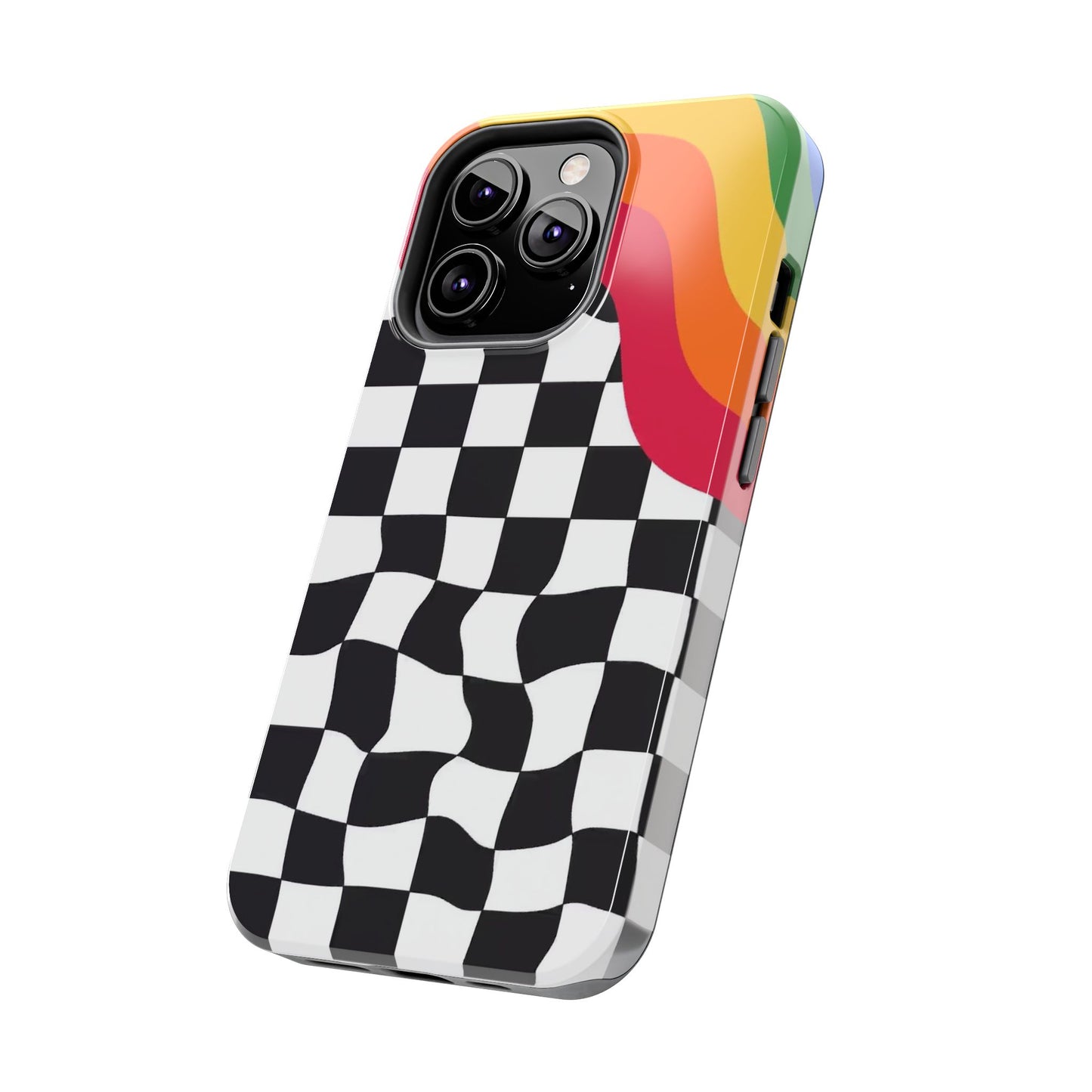 Retro Wavy Checkerboard Tough Phone Case — Rainbow Surf Skate Design