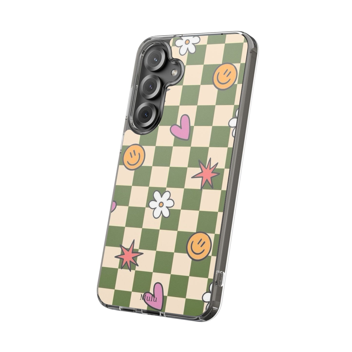 Clear Impact-Resistant Case — Retro Green Checkerboard with Smiley, Hearts & Flowers