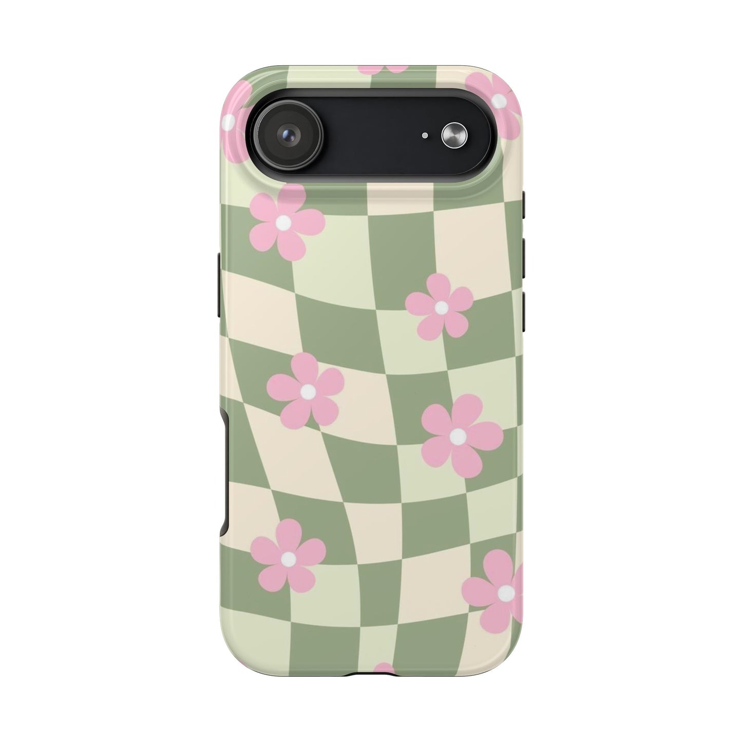 Tough Phone Case — Retro Green Checkerboard with Pink Flowers