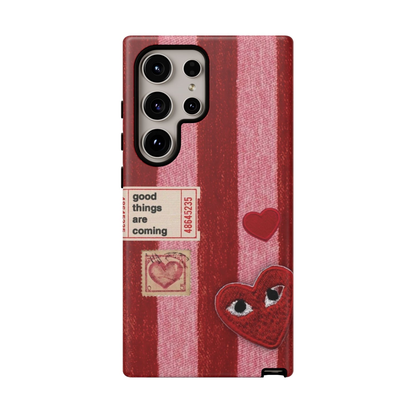 Phone Case — Red Striped Heart Design with “Good Things Are Coming”