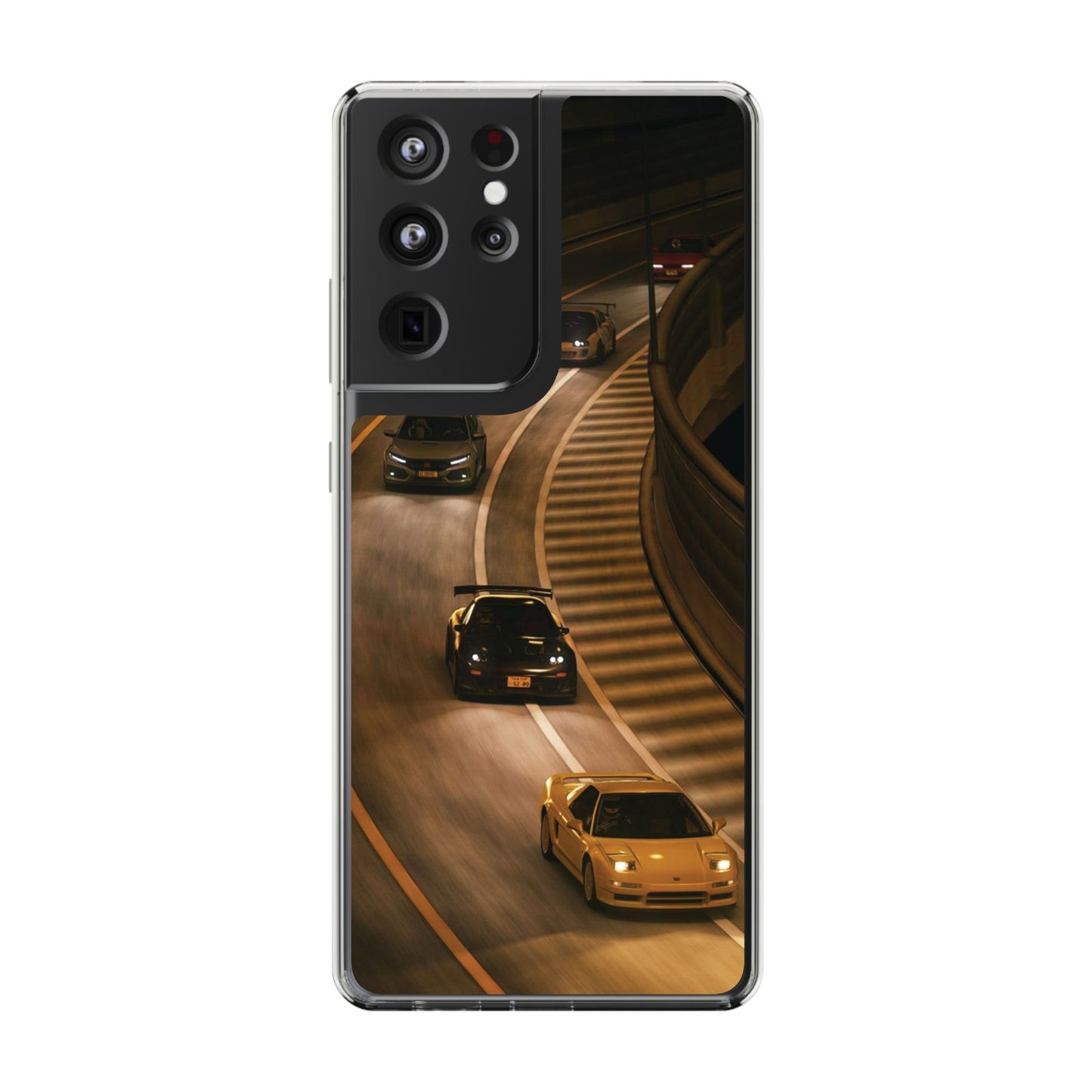 Racing Night Clear Phone Case – Sports Cars on Curved Highway