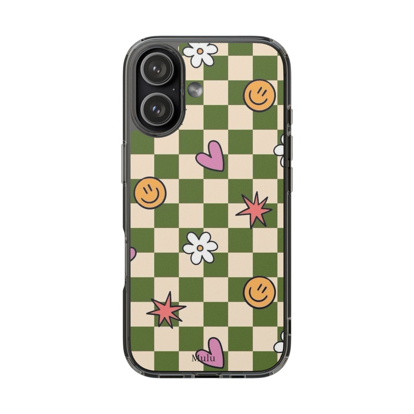 Clear Impact-Resistant Case — Retro Green Checkerboard with Smiley, Hearts & Flowers