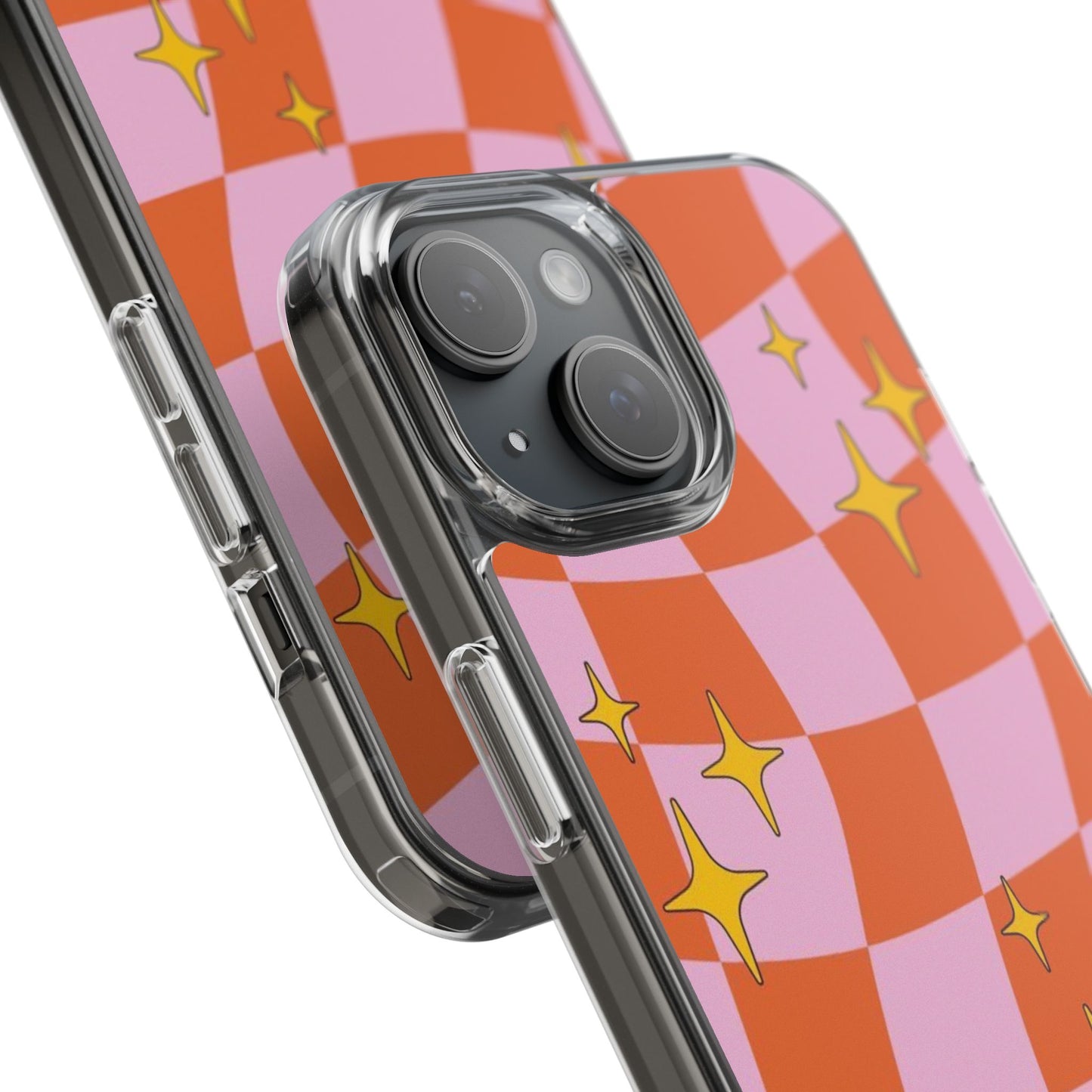 Clear Impact-Resistant Case — Retro Pink & Orange Checker with Sparkle Stars