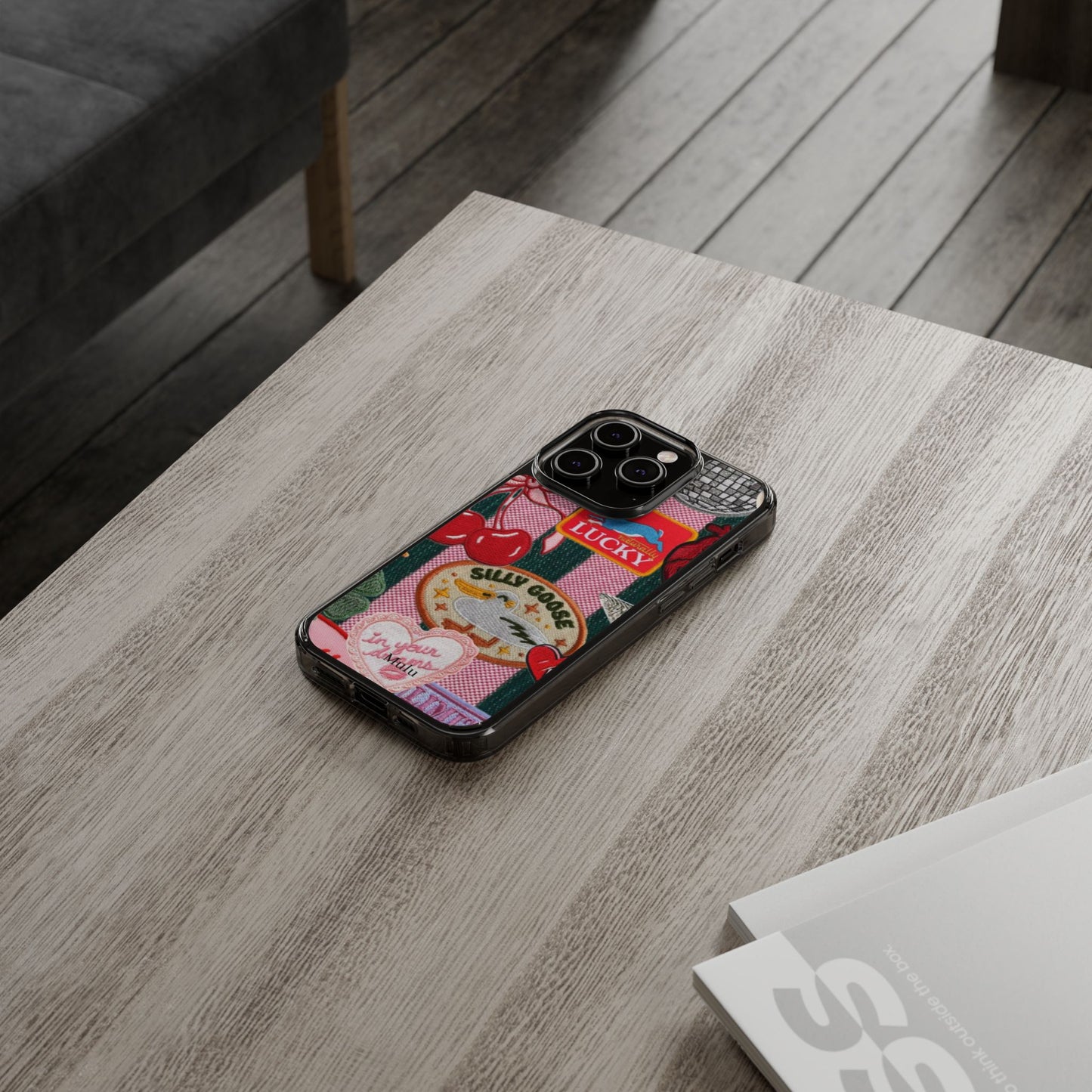 Clear Impact-Resistant Phone Case — Retro Patchwork Stickers (Lucky, Cherries, Silly Goose)