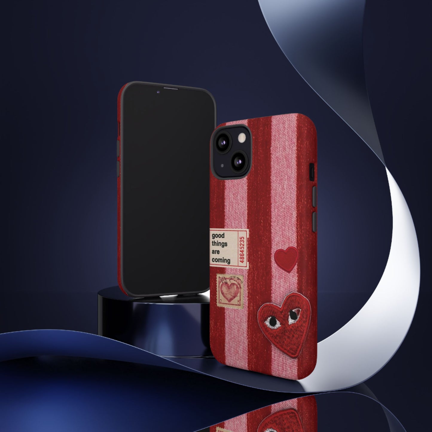 Phone Case — Red Striped Heart Design with “Good Things Are Coming”
