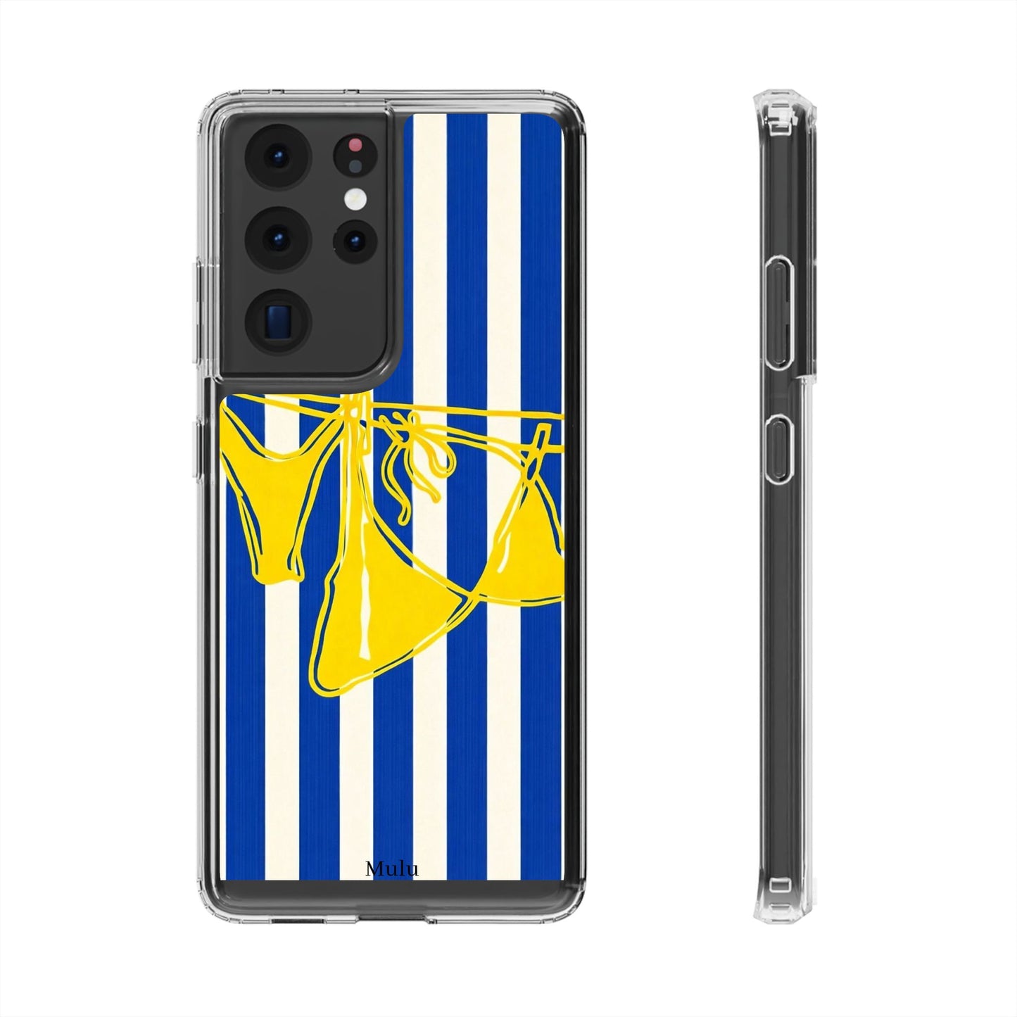 Striped Beach Bikini Phone Case — Yellow Swimwear on Blue & White Stripes, Clear Impact-Resistant