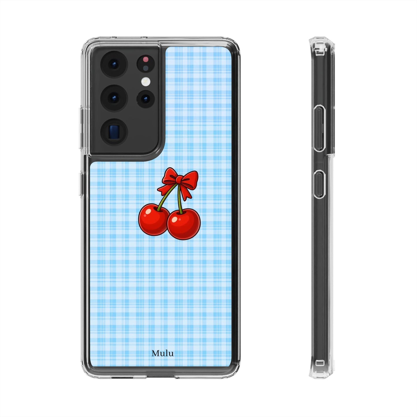 Clear Cherry Gingham Phone Case — Impact-Resistant Clear Case with Red Cherry Design