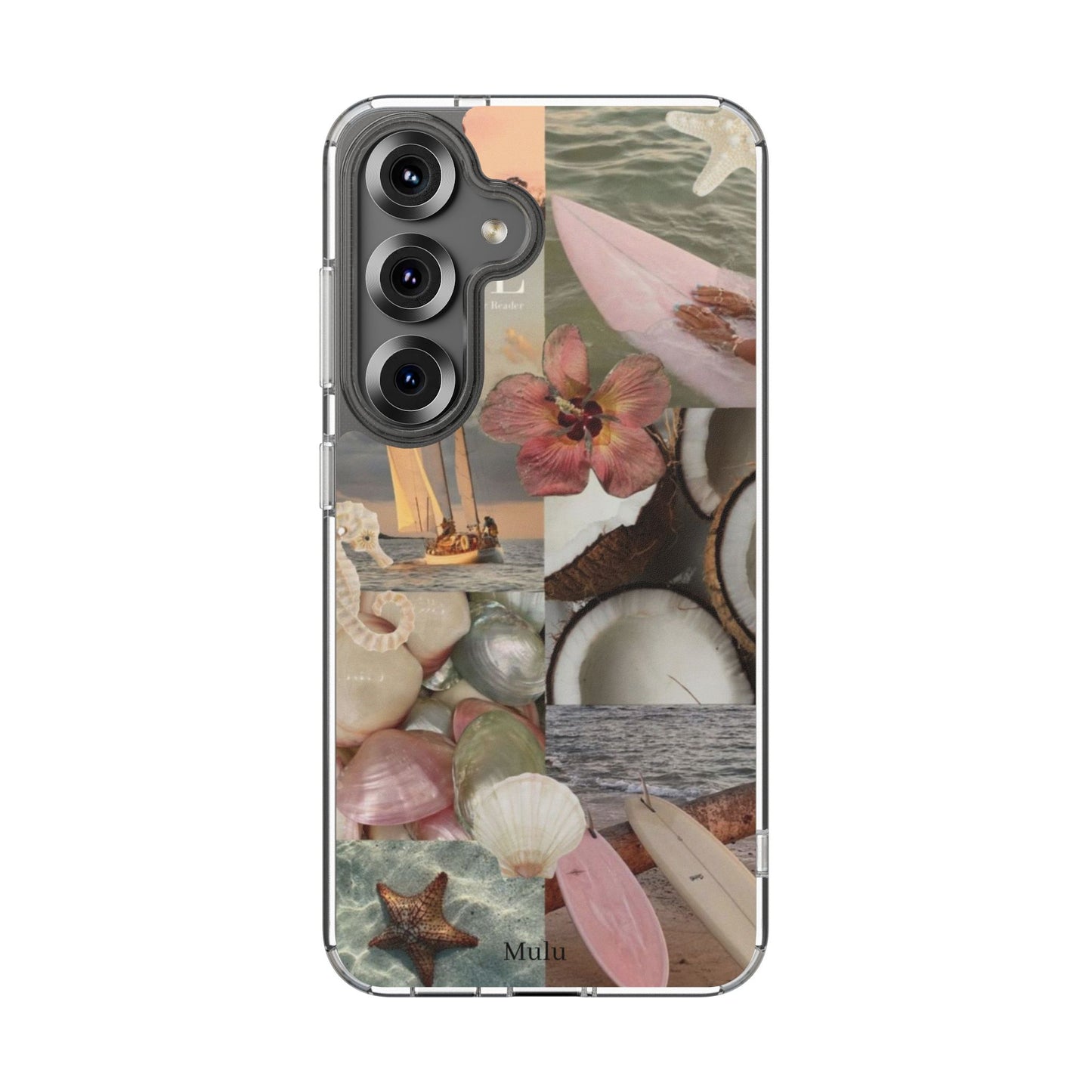 Clear Phone Case — Coastal Collage Shells & Surf Design