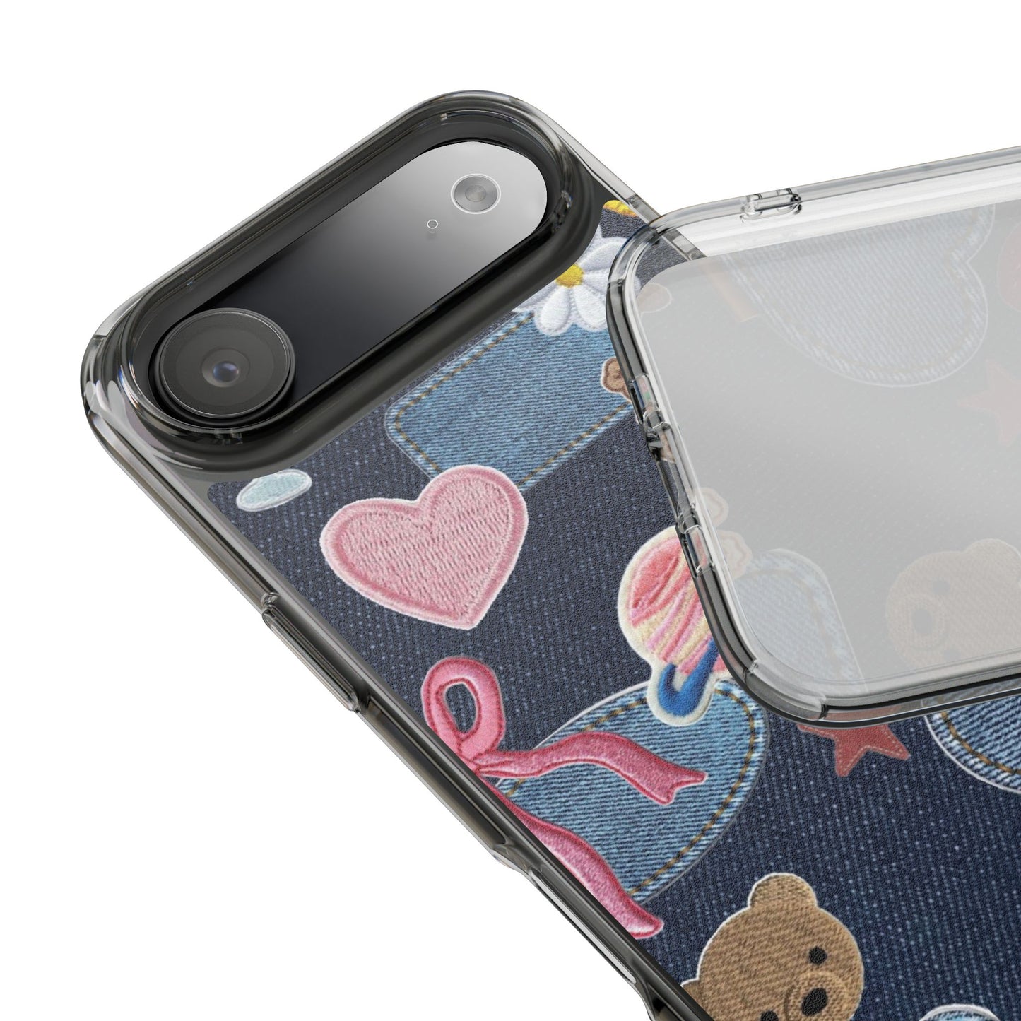 Clear Impact-Resistant Phone Case — Cute Denim Patch Collage (Teddy, Strawberry, Planet)