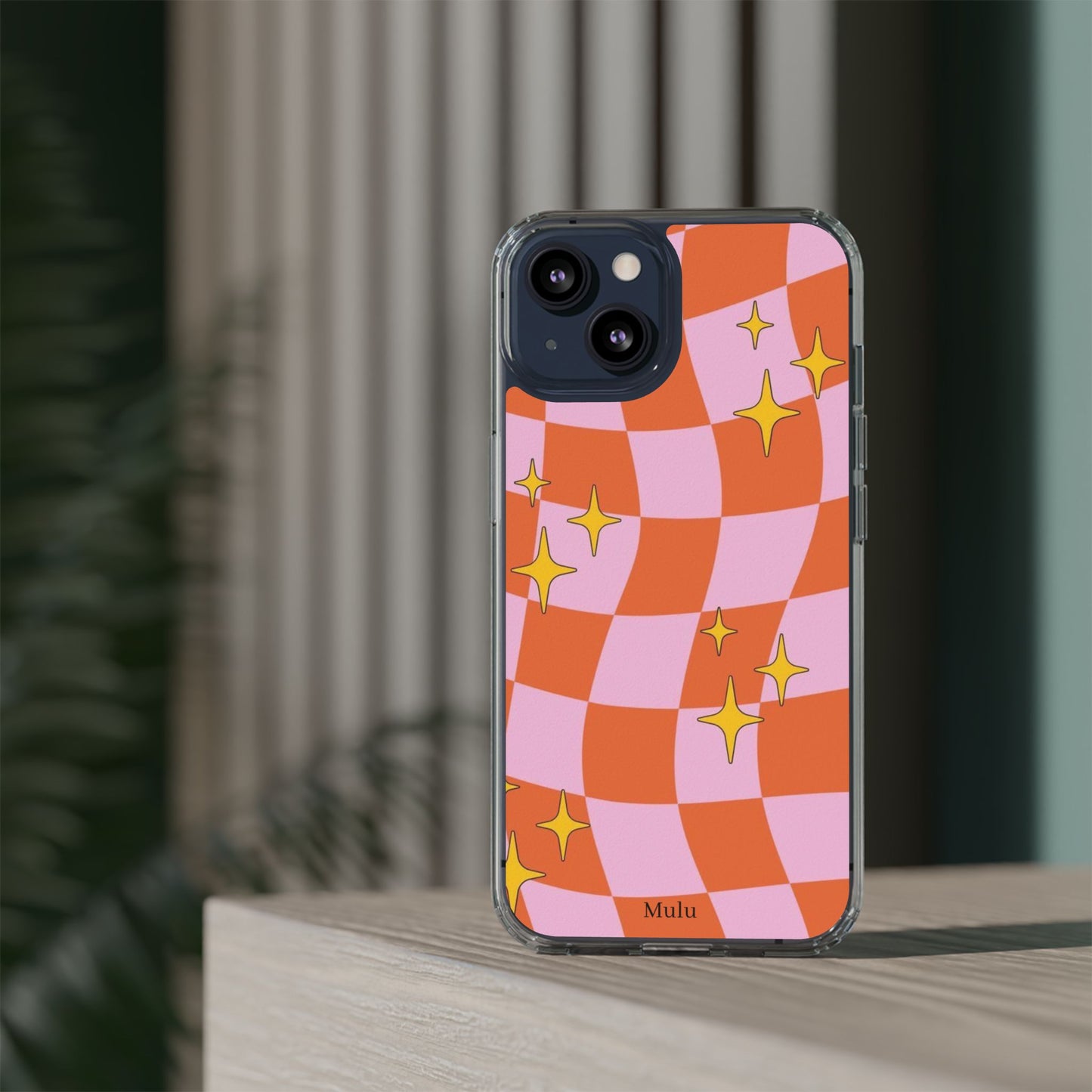 Clear Impact-Resistant Case — Retro Pink & Orange Checker with Sparkle Stars