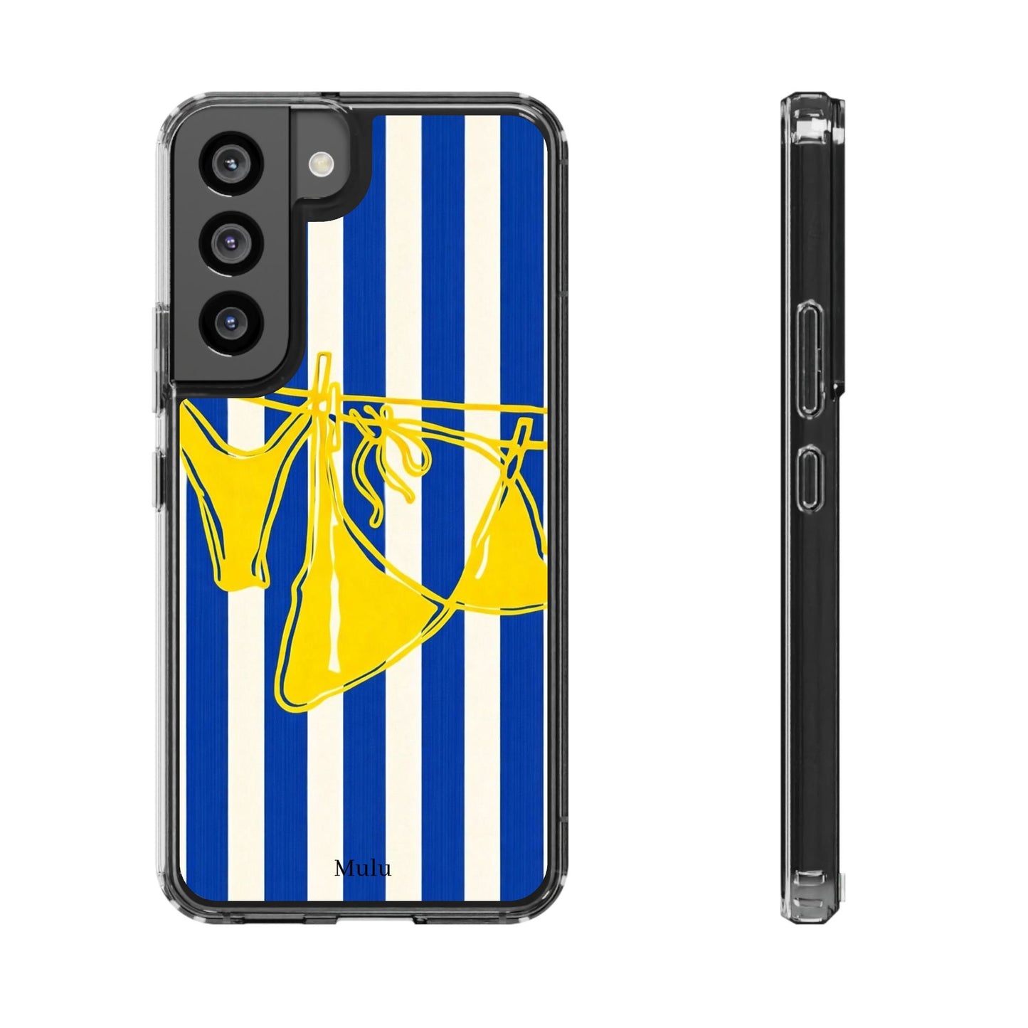 Striped Beach Bikini Phone Case — Yellow Swimwear on Blue & White Stripes, Clear Impact-Resistant