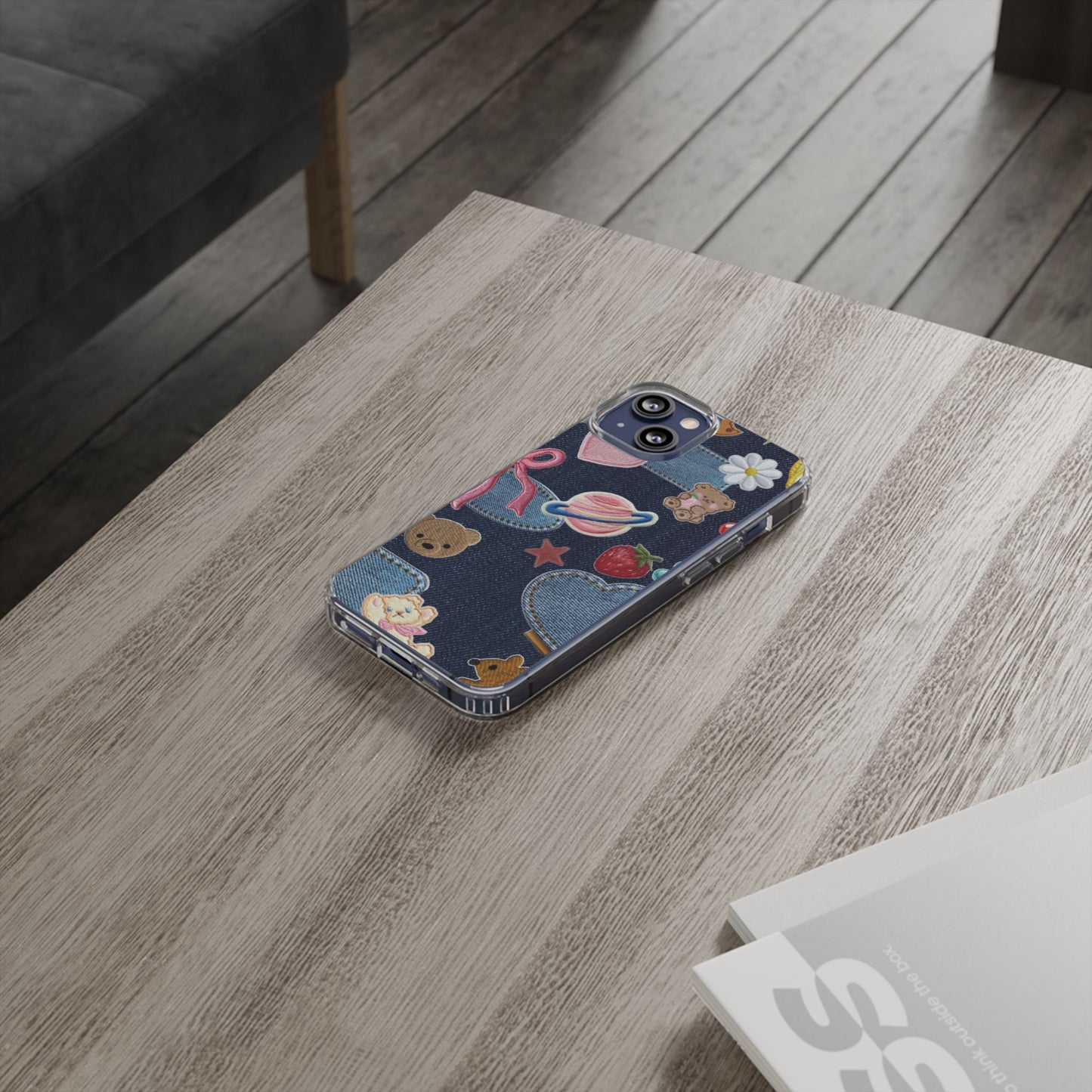 Clear Impact-Resistant Phone Case — Cute Denim Patch Collage (Teddy, Strawberry, Planet)