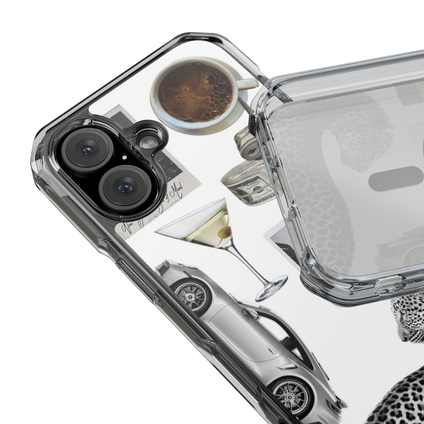 Clear Impact Phone Case — Luxe Collage (Leopard, Martini, Coffee & Vintage Car)