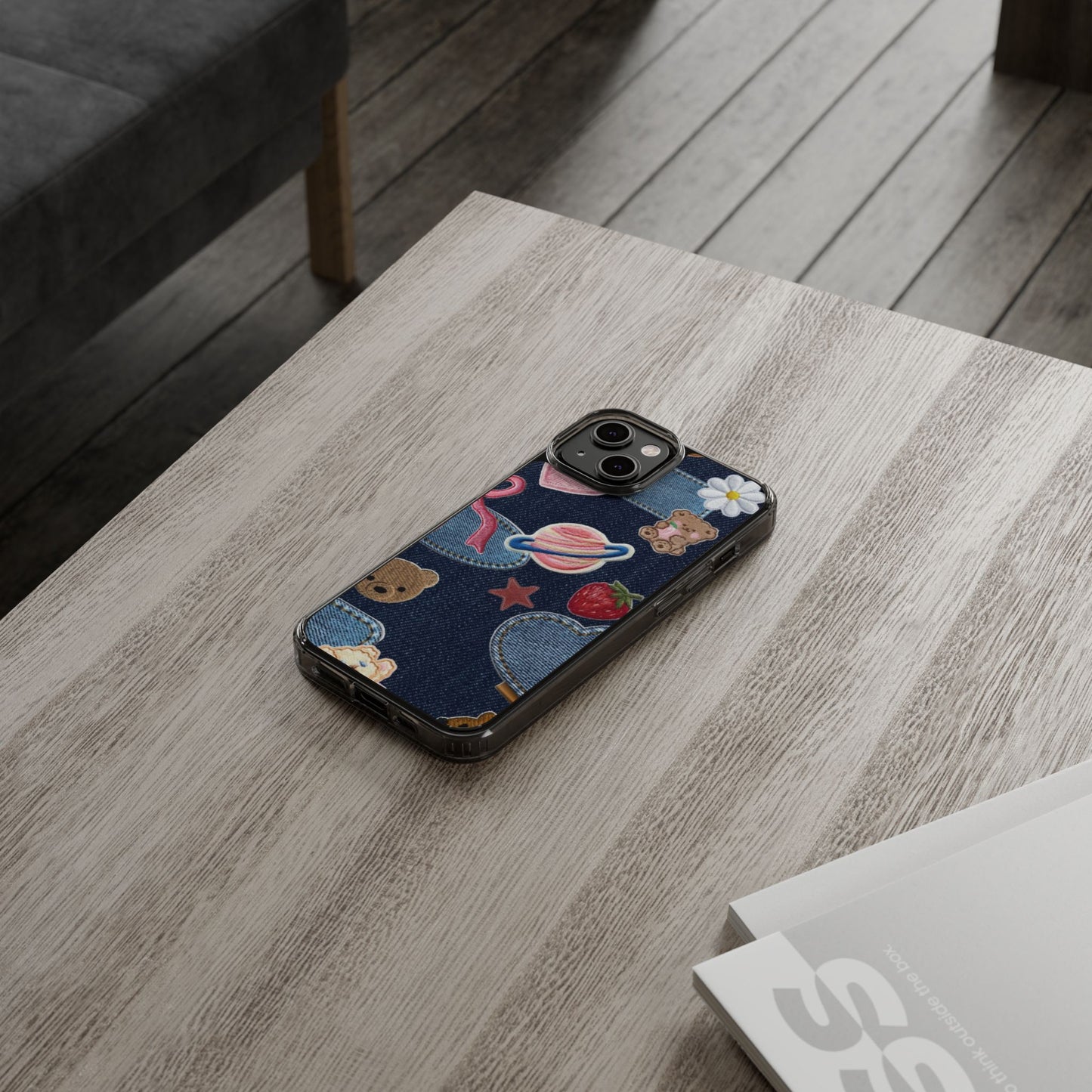Clear Impact-Resistant Phone Case — Cute Denim Patch Collage (Teddy, Strawberry, Planet)