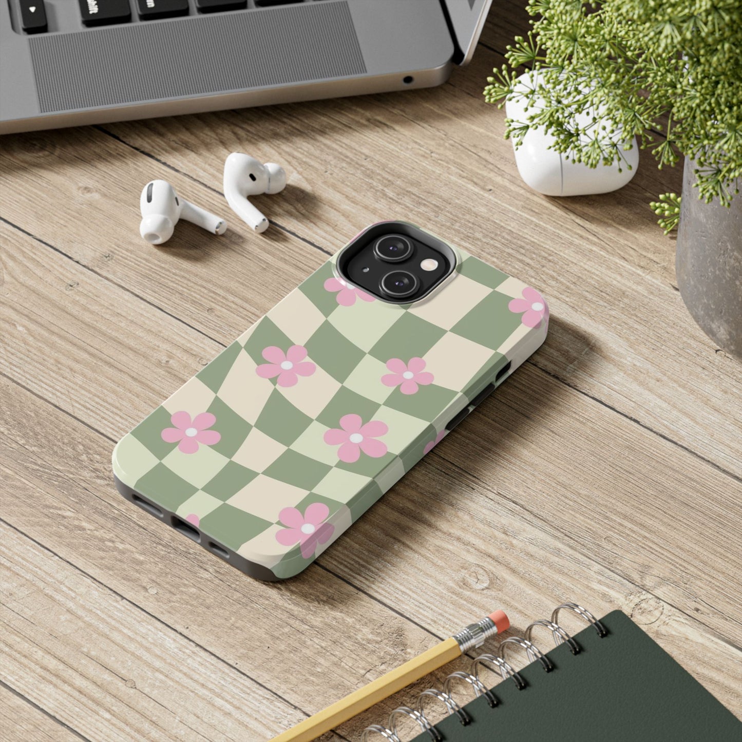 Tough Phone Case — Retro Green Checkerboard with Pink Flowers