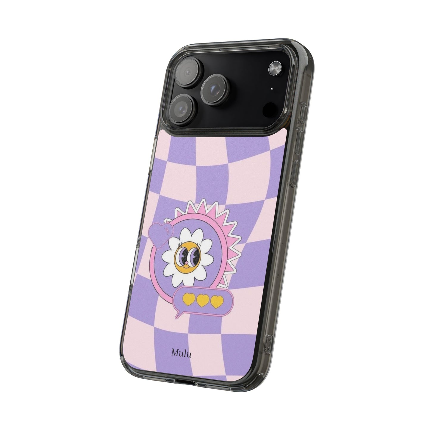 Clear Impact-Resistant Case — Cute Purple Checkerboard Dino with 'Mulu'