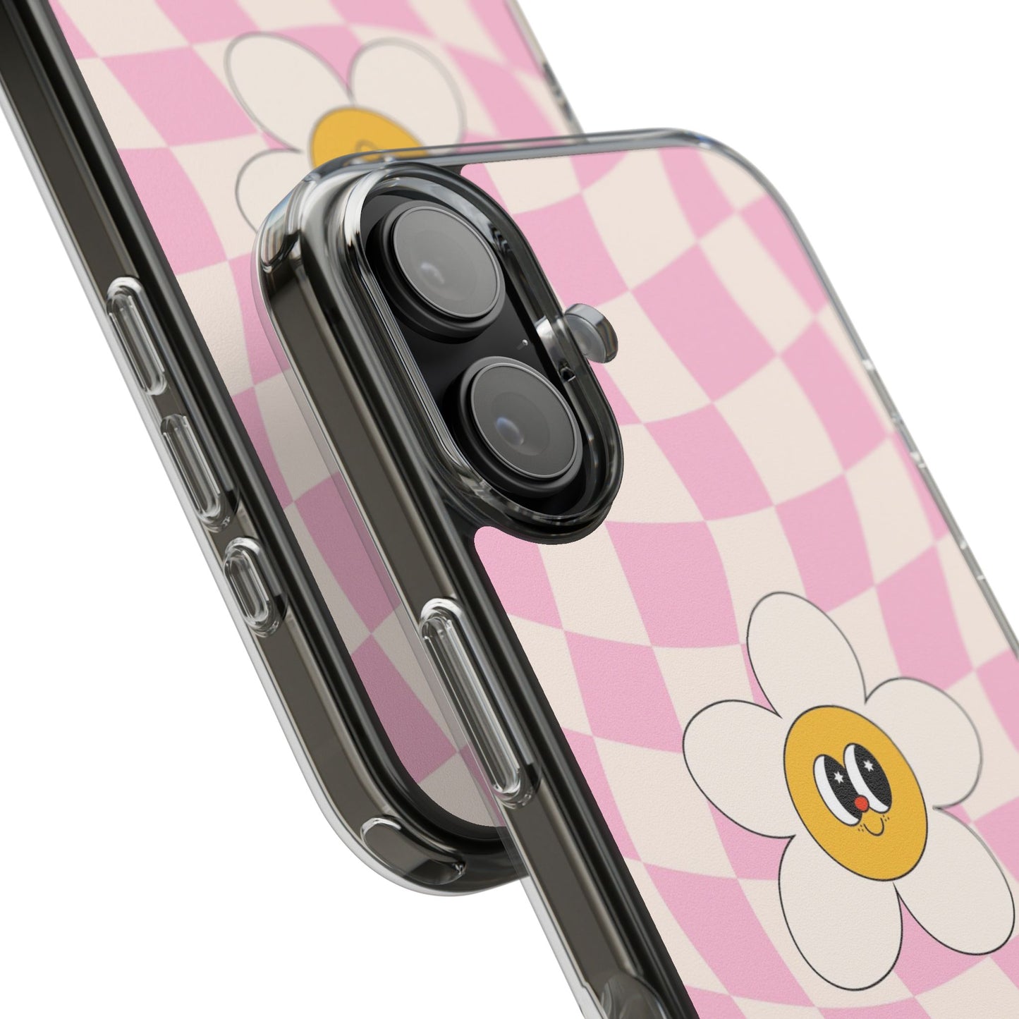 Clear Impact-Resistant Phone Case — Pink Checkerboard Daisy Design