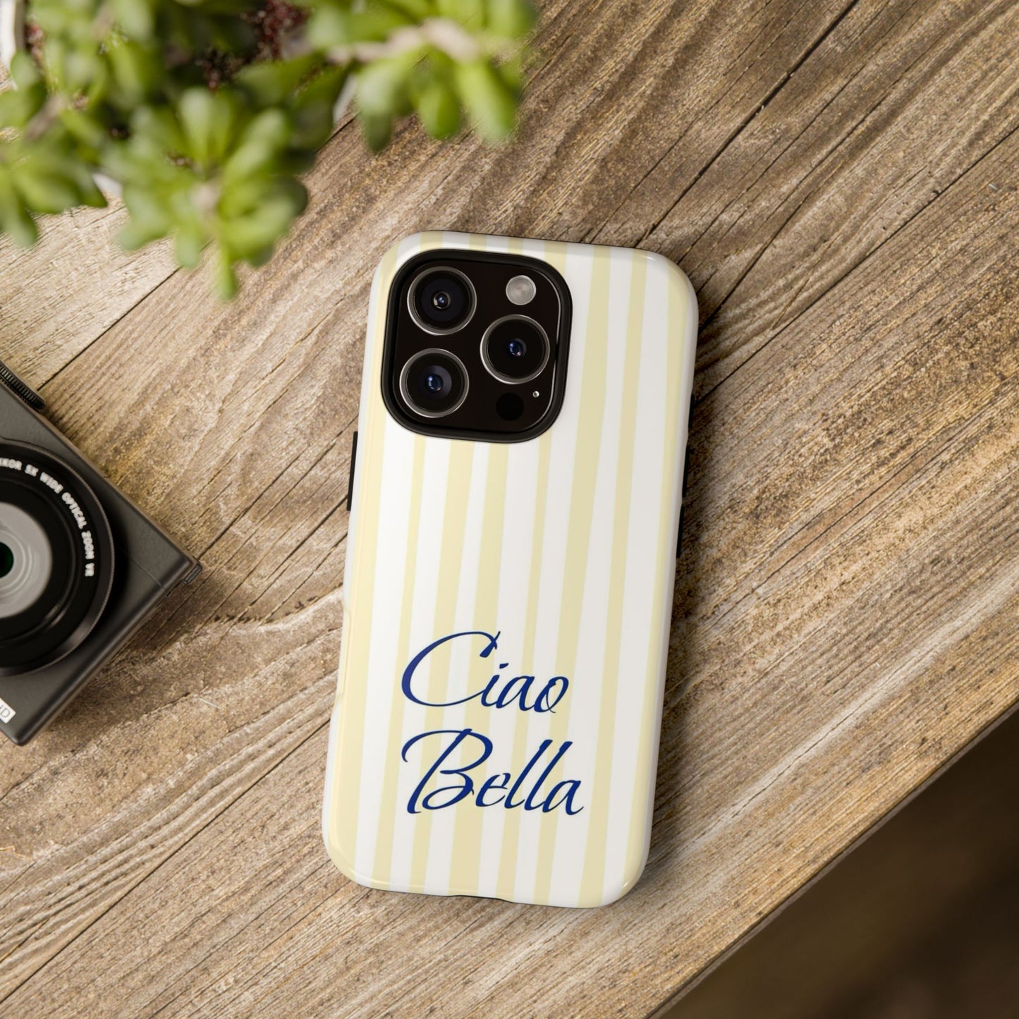 Ciao Bella Phone Case – Striped Elegant Italian Script Protective Cover
