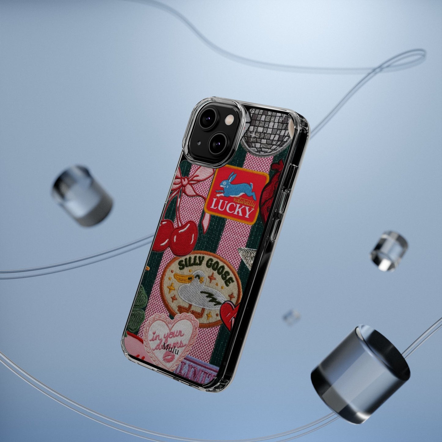 Clear Impact-Resistant Phone Case — Retro Patchwork Stickers (Lucky, Cherries, Silly Goose)