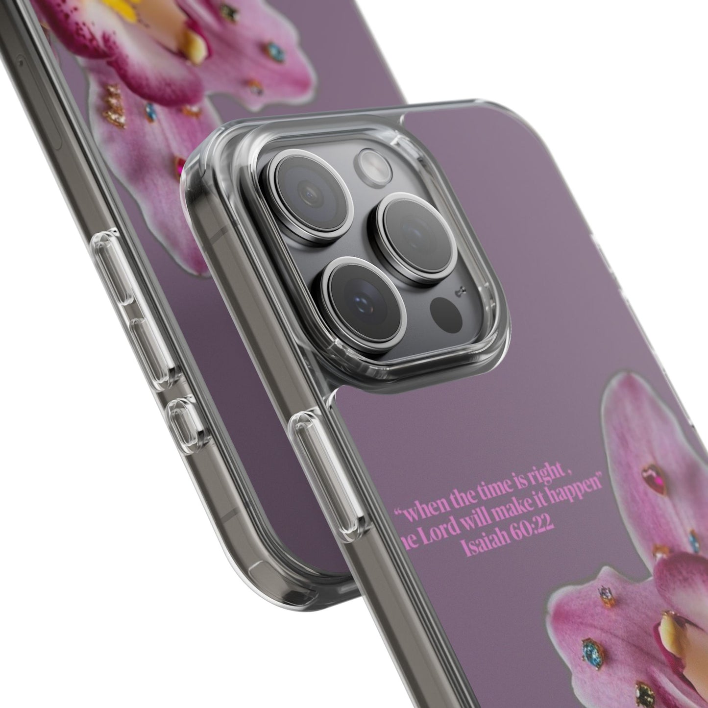 Clear Floral Impact-Resistant Phone Case — "When the time is right" Rose Orchid Design