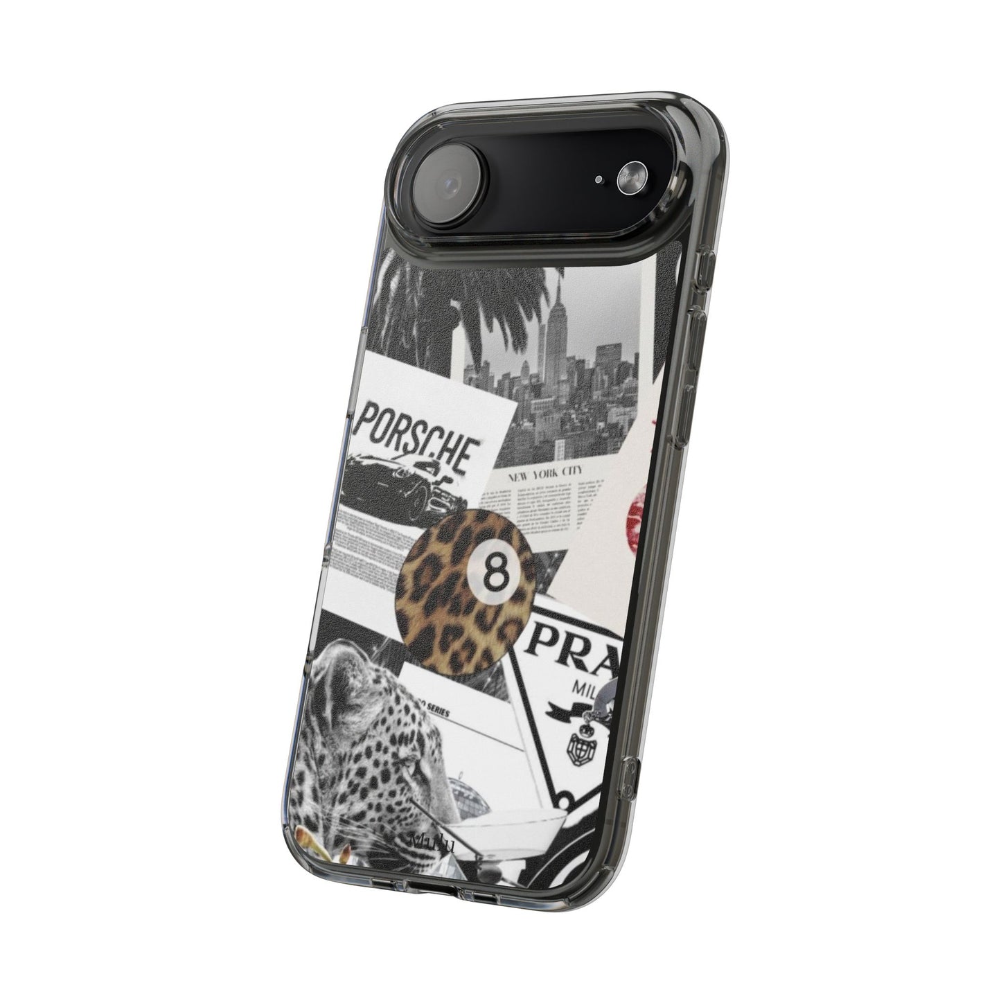 Clear Impact-Resistant Phone Case — Collage Luxury Leopard & Vintage Car Design