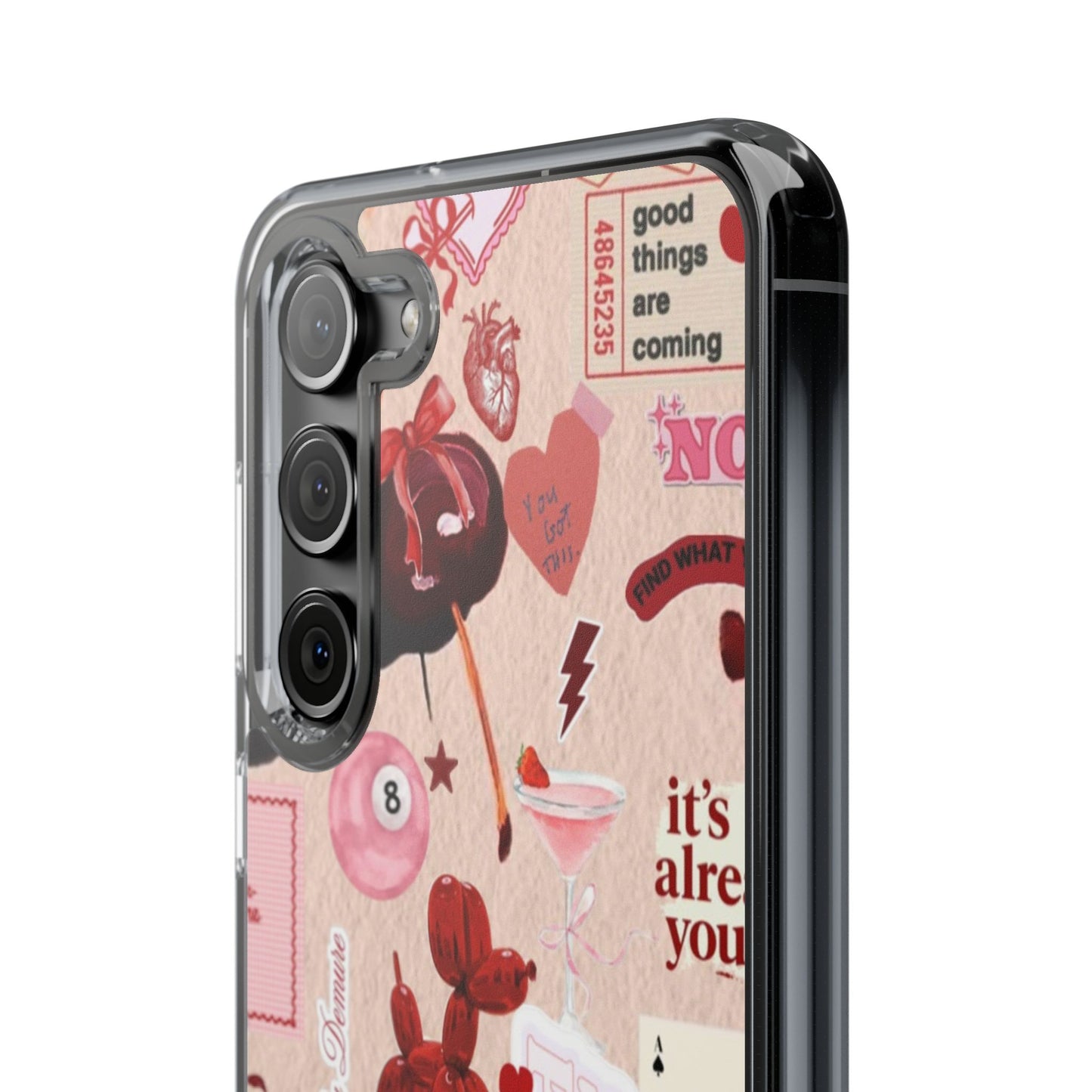 Clear Impact-Resistant Phone Case — Retro Cherry & Sticker Collage