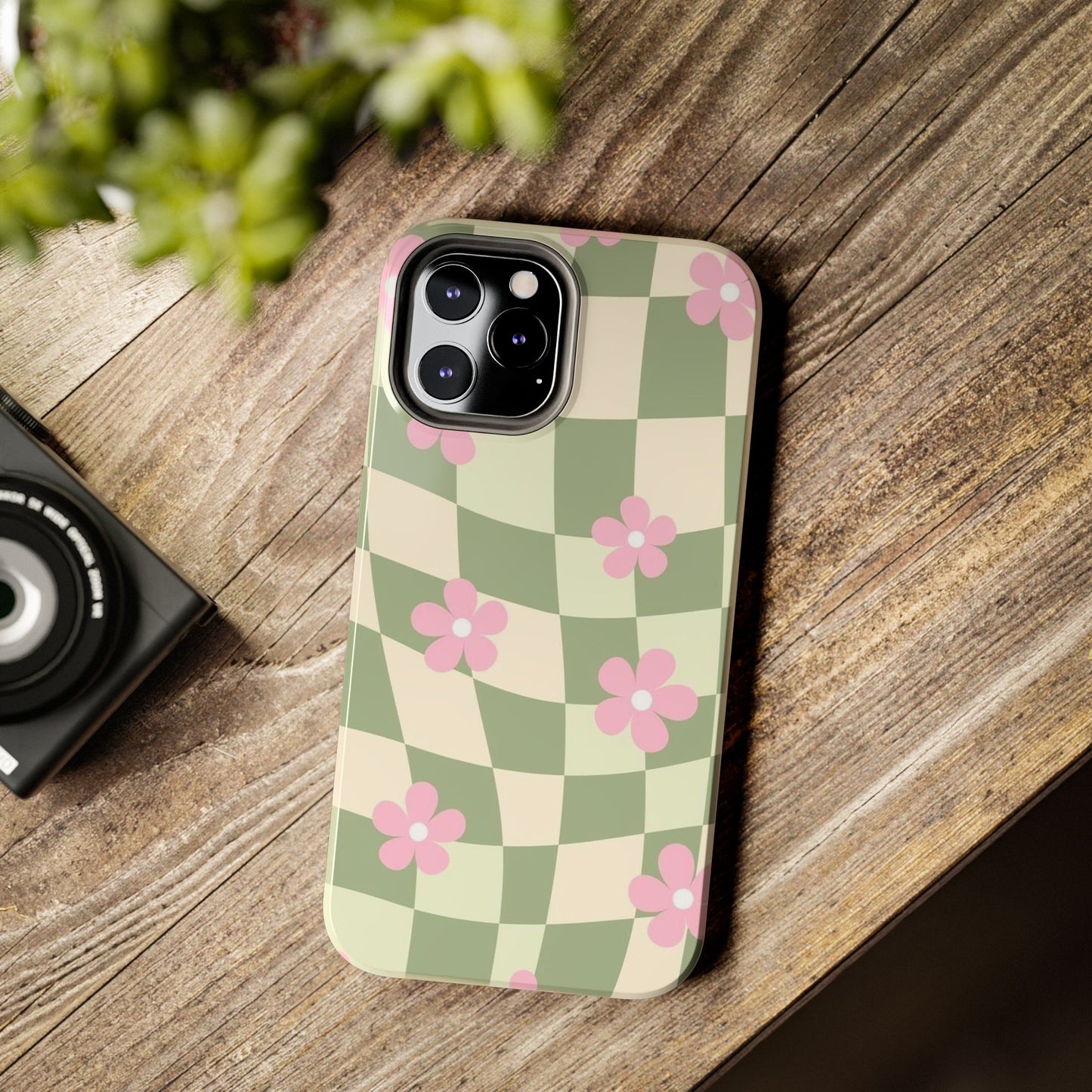 Tough Phone Case — Retro Green Checkerboard with Pink Flowers
