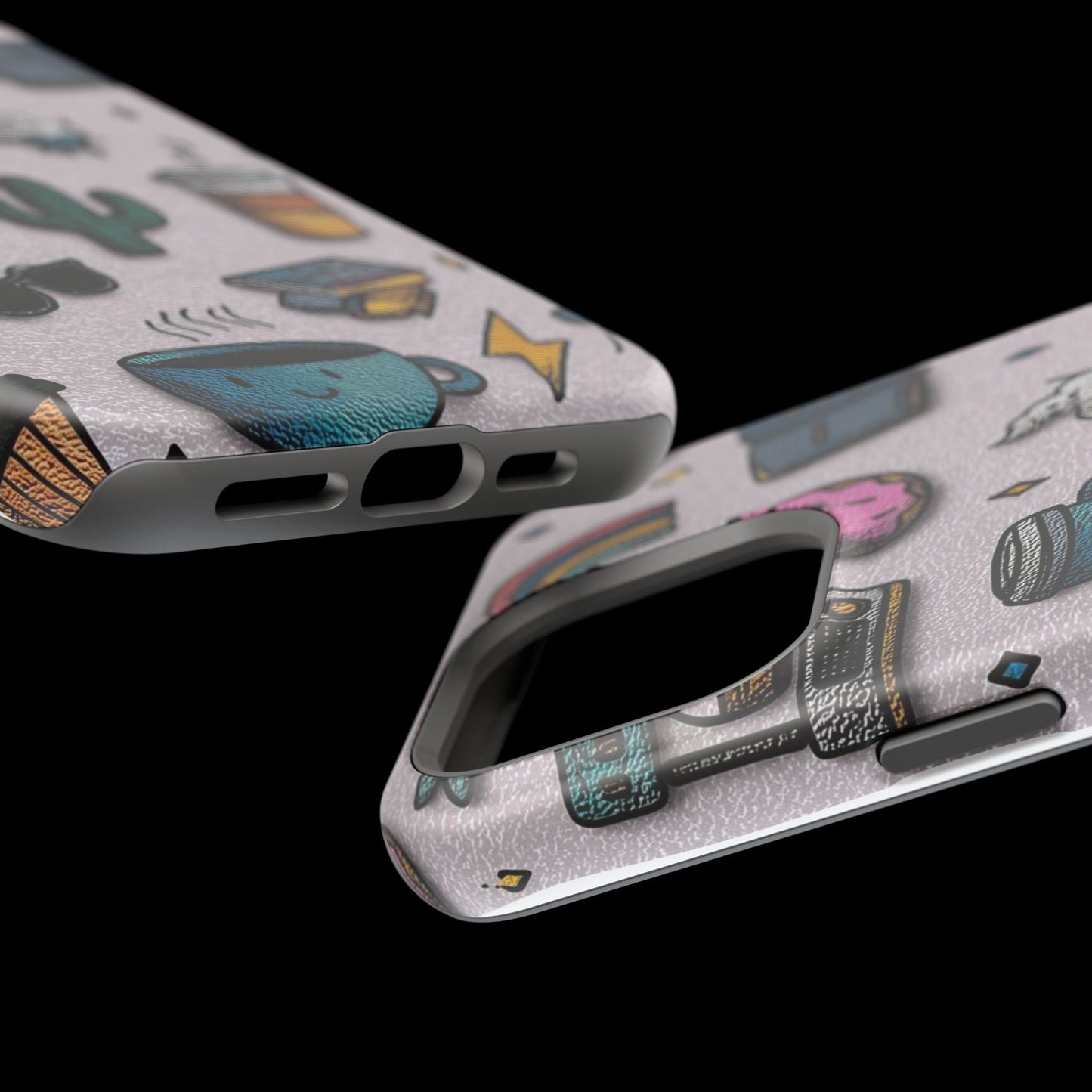 Cute Doodle Phone Case — Magnetic Impact-Resistant Design (coffee, rainbow, cactus)