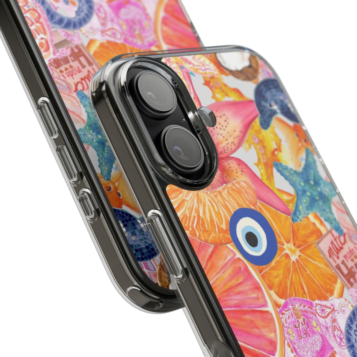 Clear Impact-Resistant Phone Case — Colorful Tropical Collage Design
