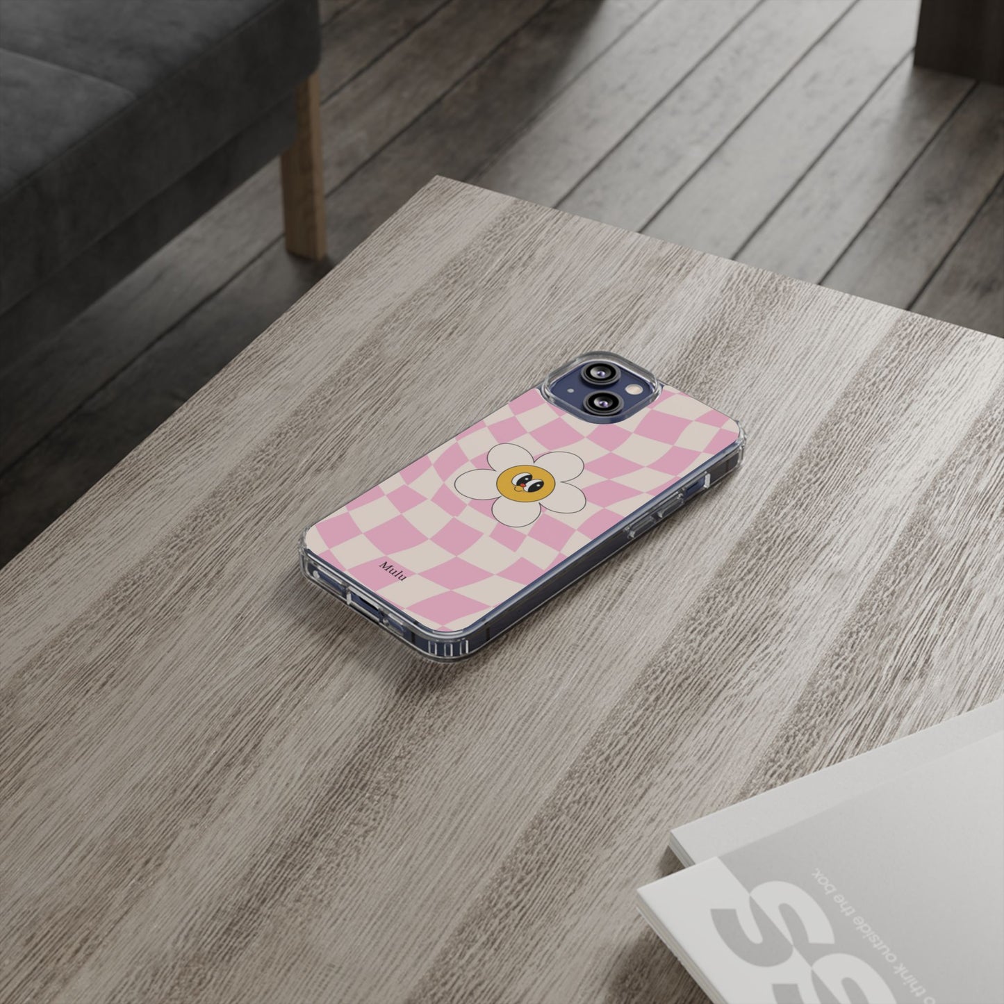 Clear Impact-Resistant Phone Case — Pink Checkerboard Daisy Design
